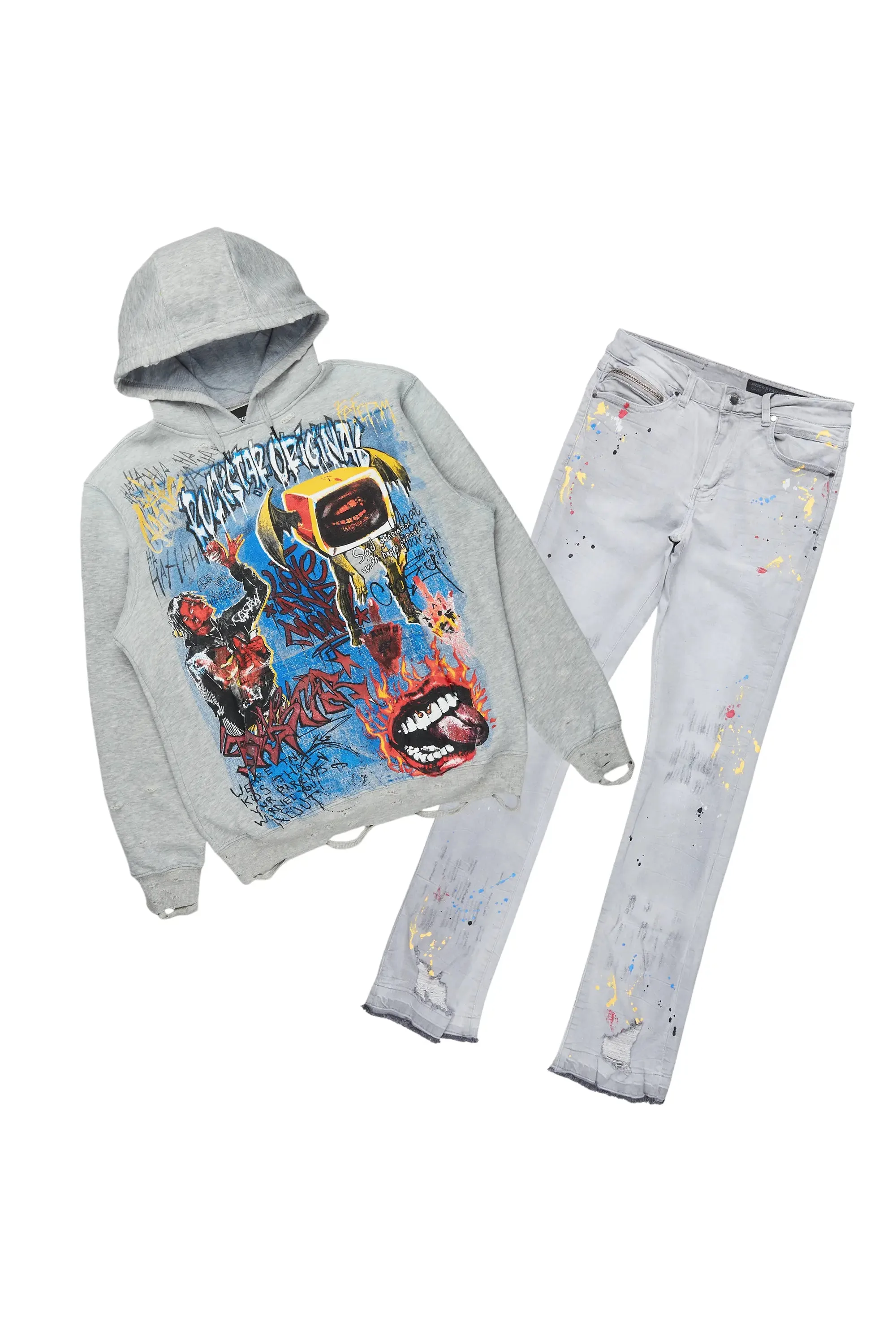 Yooz Grey Hoodie/Stacked Flare Jean Bundle sold by Rockstar Original