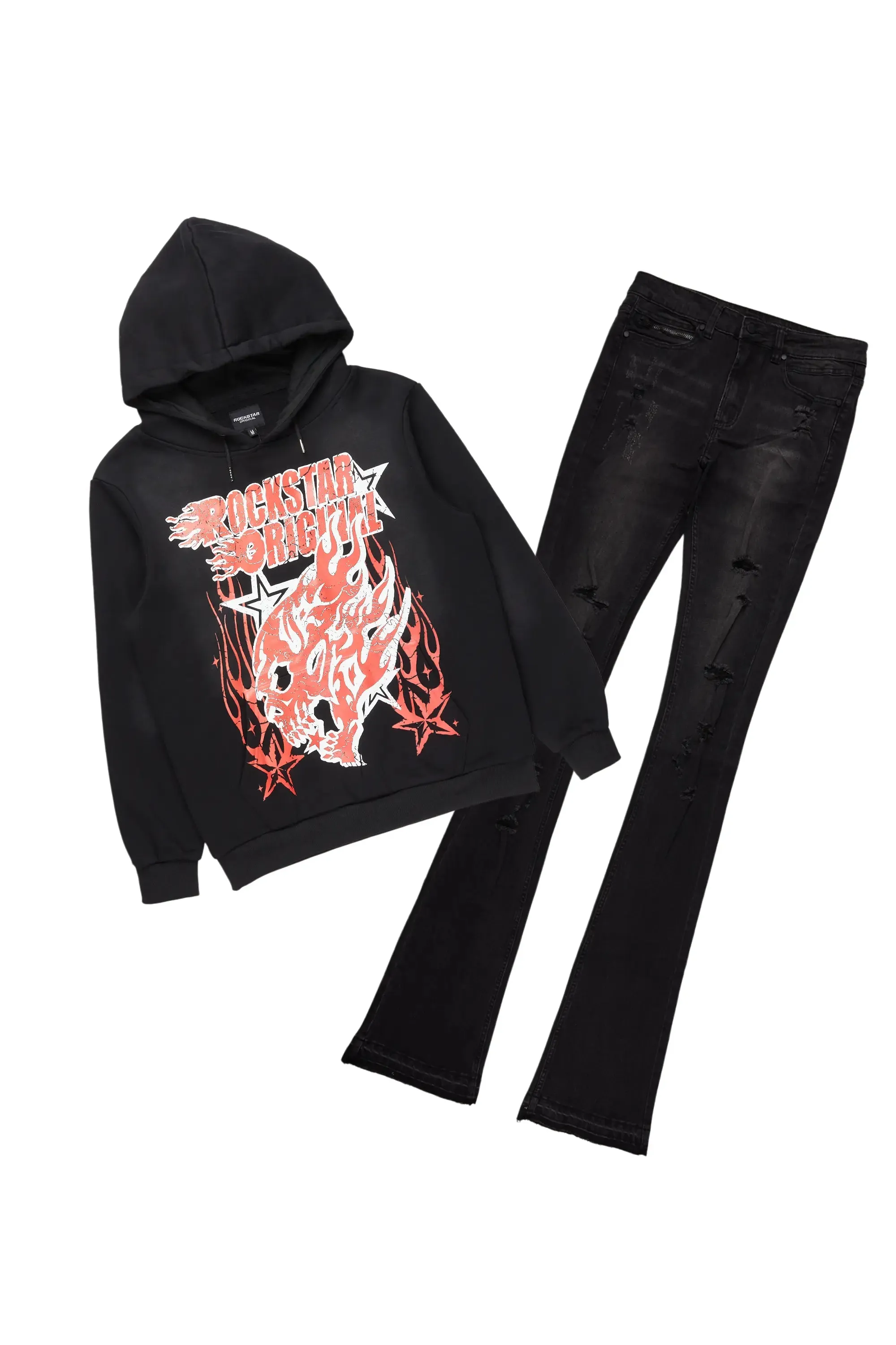 Smitty Black Hoodie & Stellan Stacked Flare Jean Bundle sold by Rockstar Original