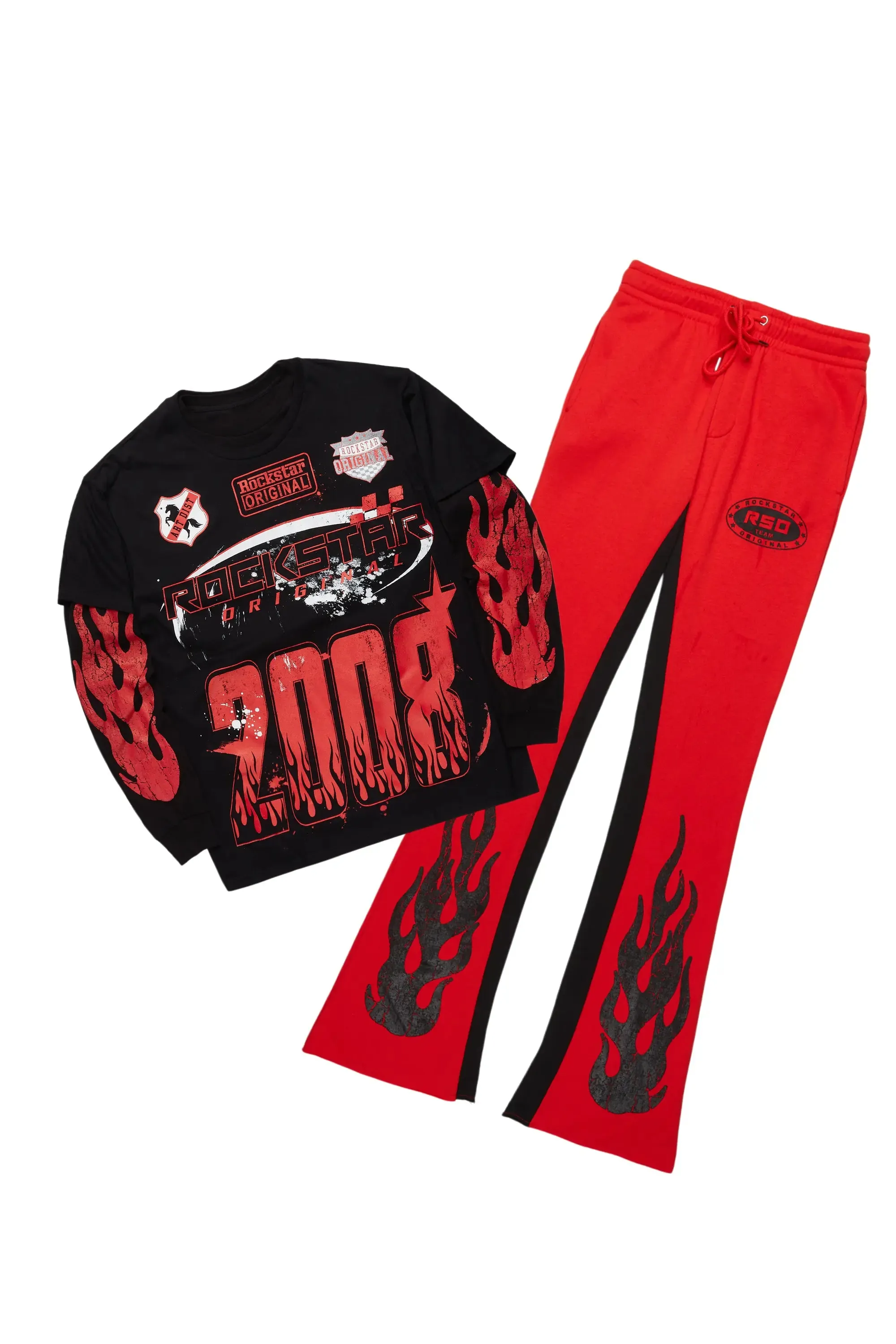 Amos Black/Red Double Layer T-Shirt/Stacked Baggy Pant Set sold by Rockstar Original