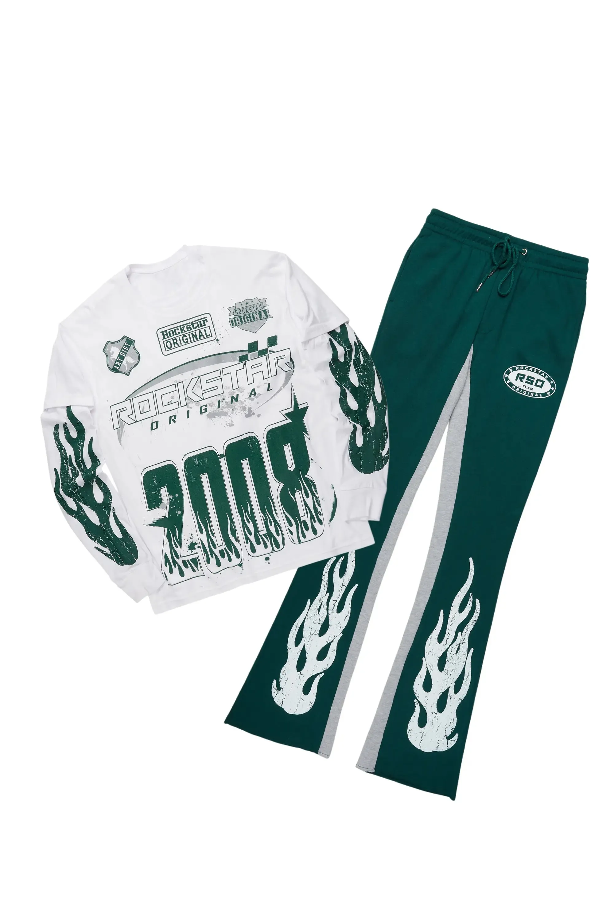 Amos White/Green Double Layer T-Shirt/Stacked Baggy Pant Set sold by Rockstar Original