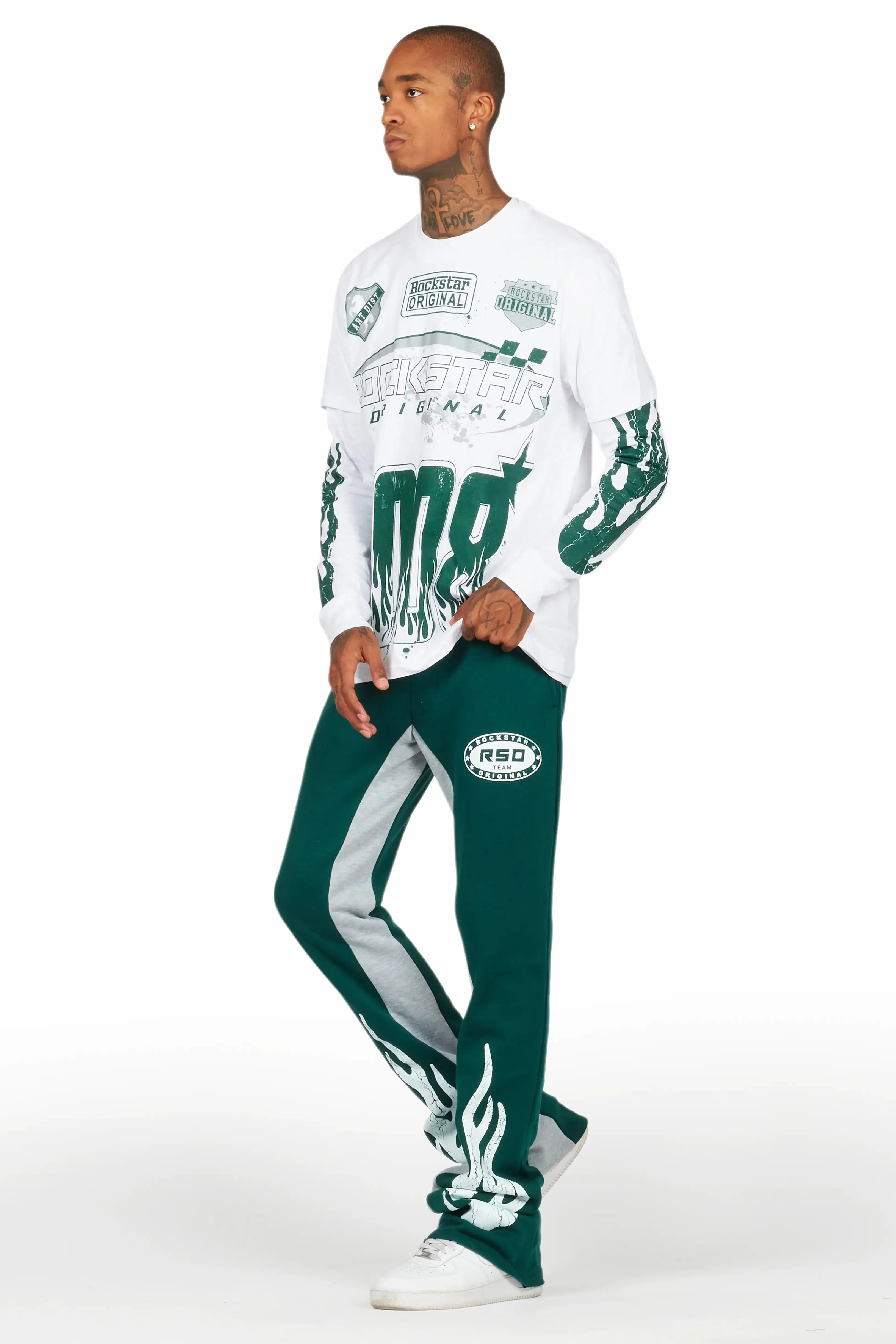 Amos White/Green Double Layer T-Shirt/Stacked Baggy Pant Set sold by Rockstar Original product image thumbnail 5