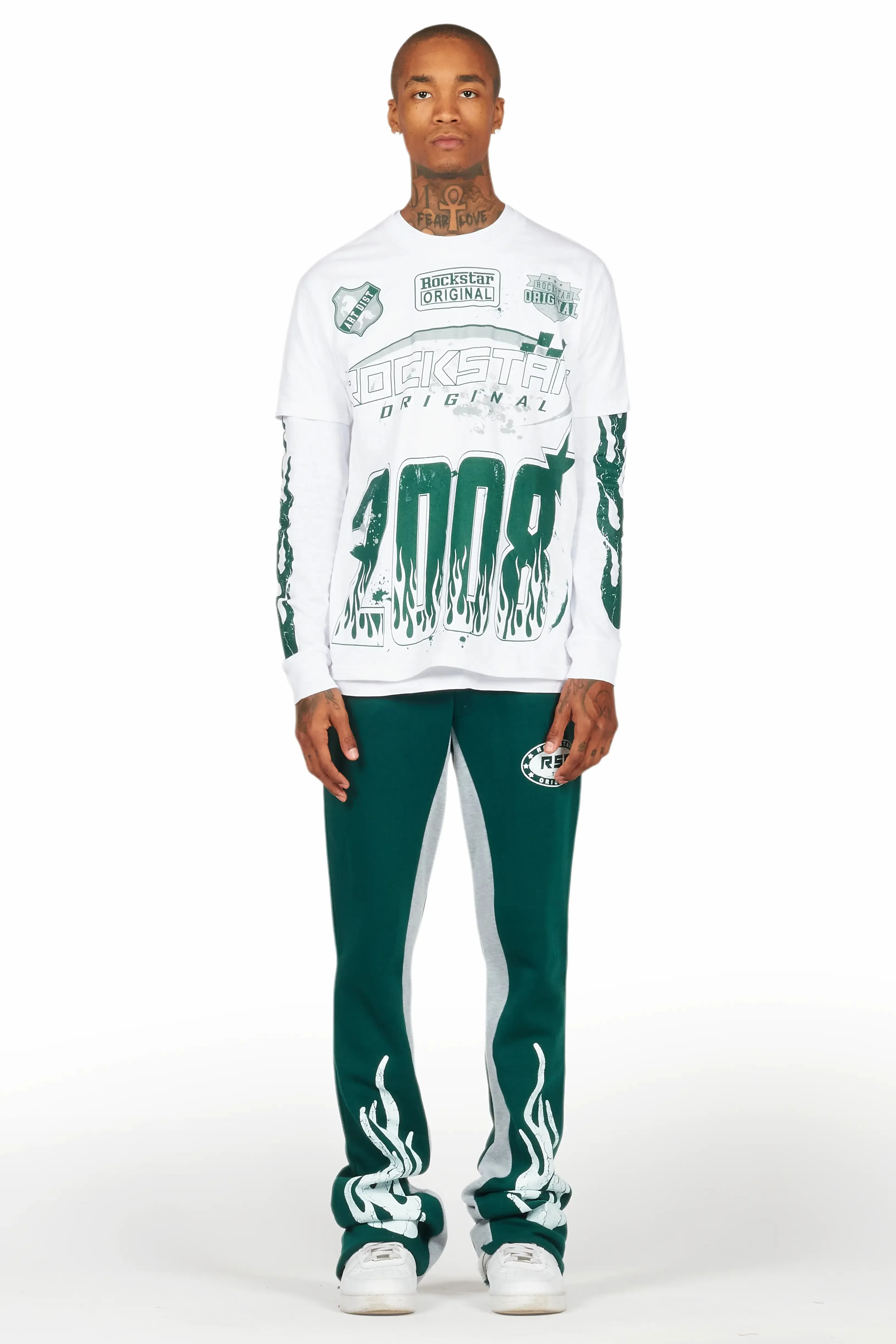 Amos White/Green Double Layer T-Shirt/Stacked Baggy Pant Set sold by Rockstar Original product image thumbnail 2