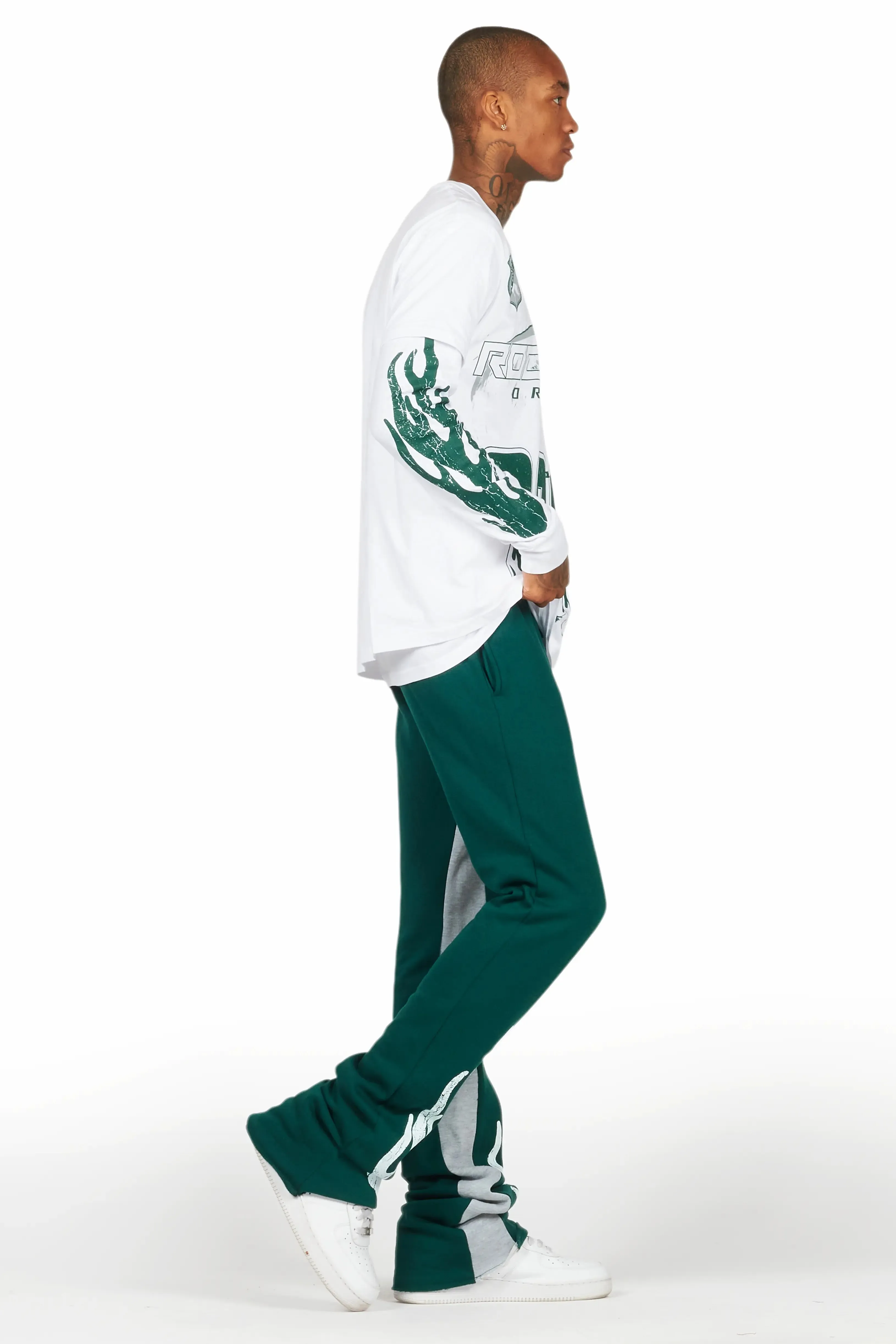 Amos White/Green Double Layer T-Shirt/Stacked Baggy Pant Set sold by Rockstar Original product image thumbnail 3