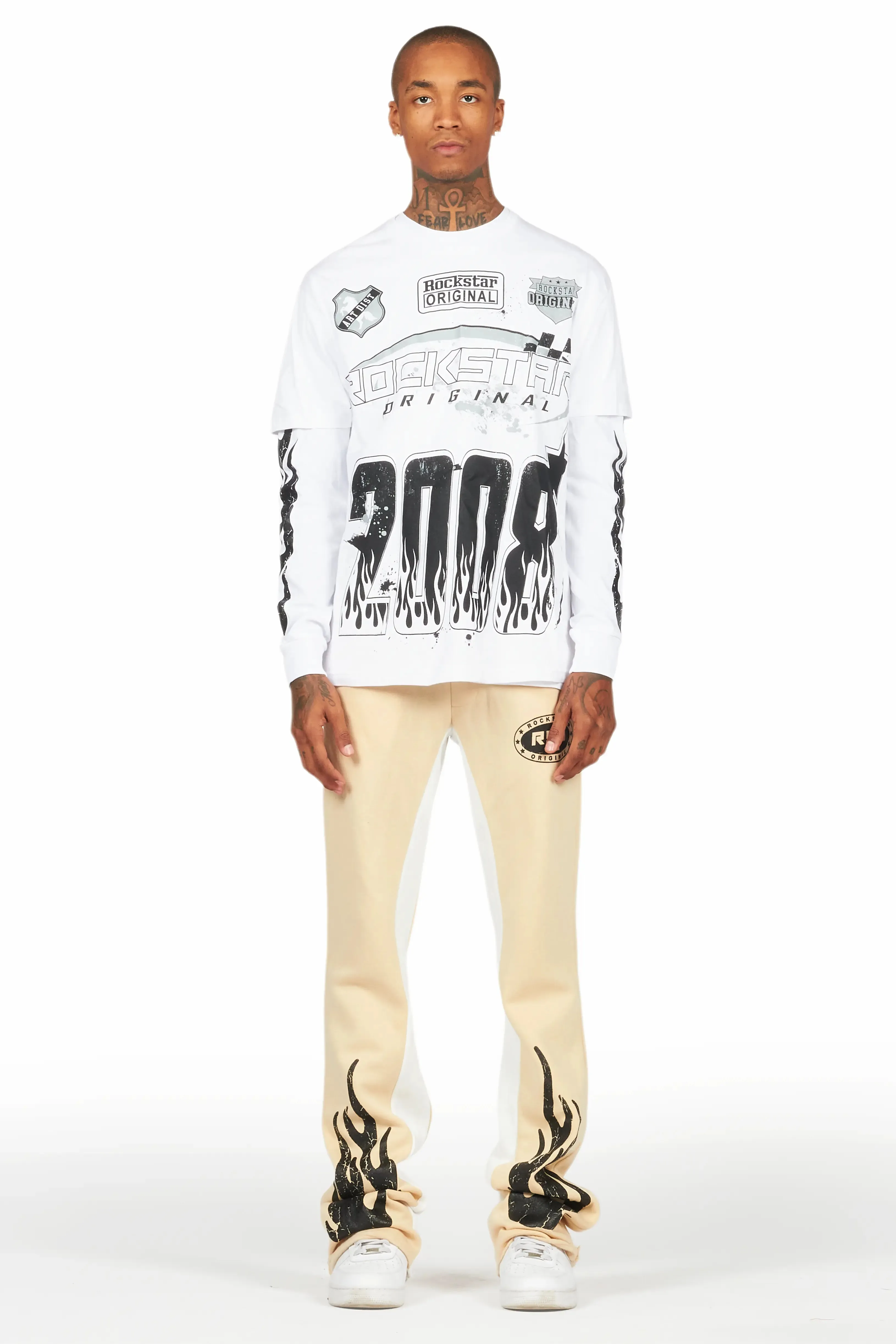 Amos White/Beige Double Layer T-Shirt/Stacked Baggy Pant Set sold by Rockstar Original product image thumbnail 2