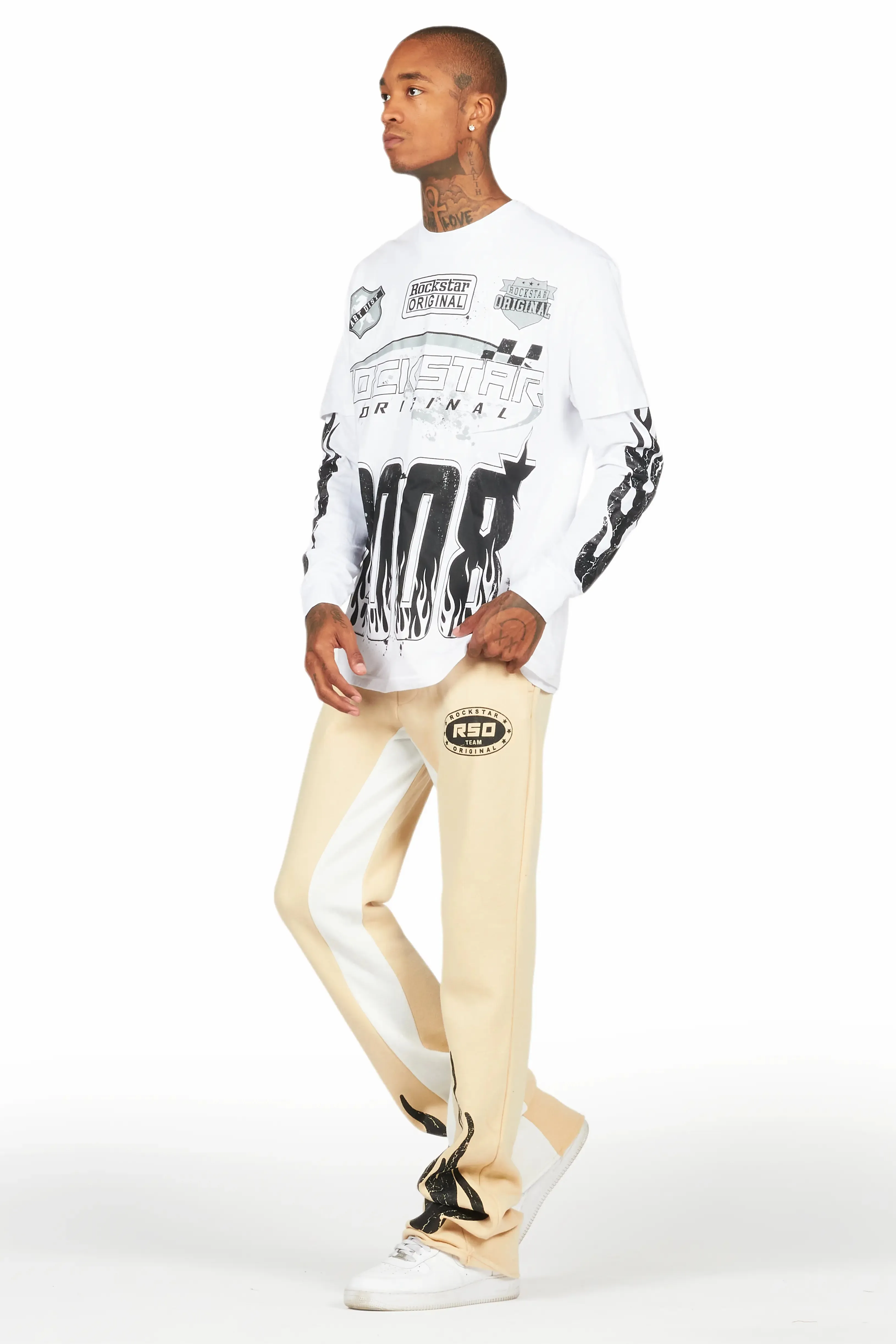 Amos White/Beige Double Layer T-Shirt/Stacked Baggy Pant Set sold by Rockstar Original product image thumbnail 5