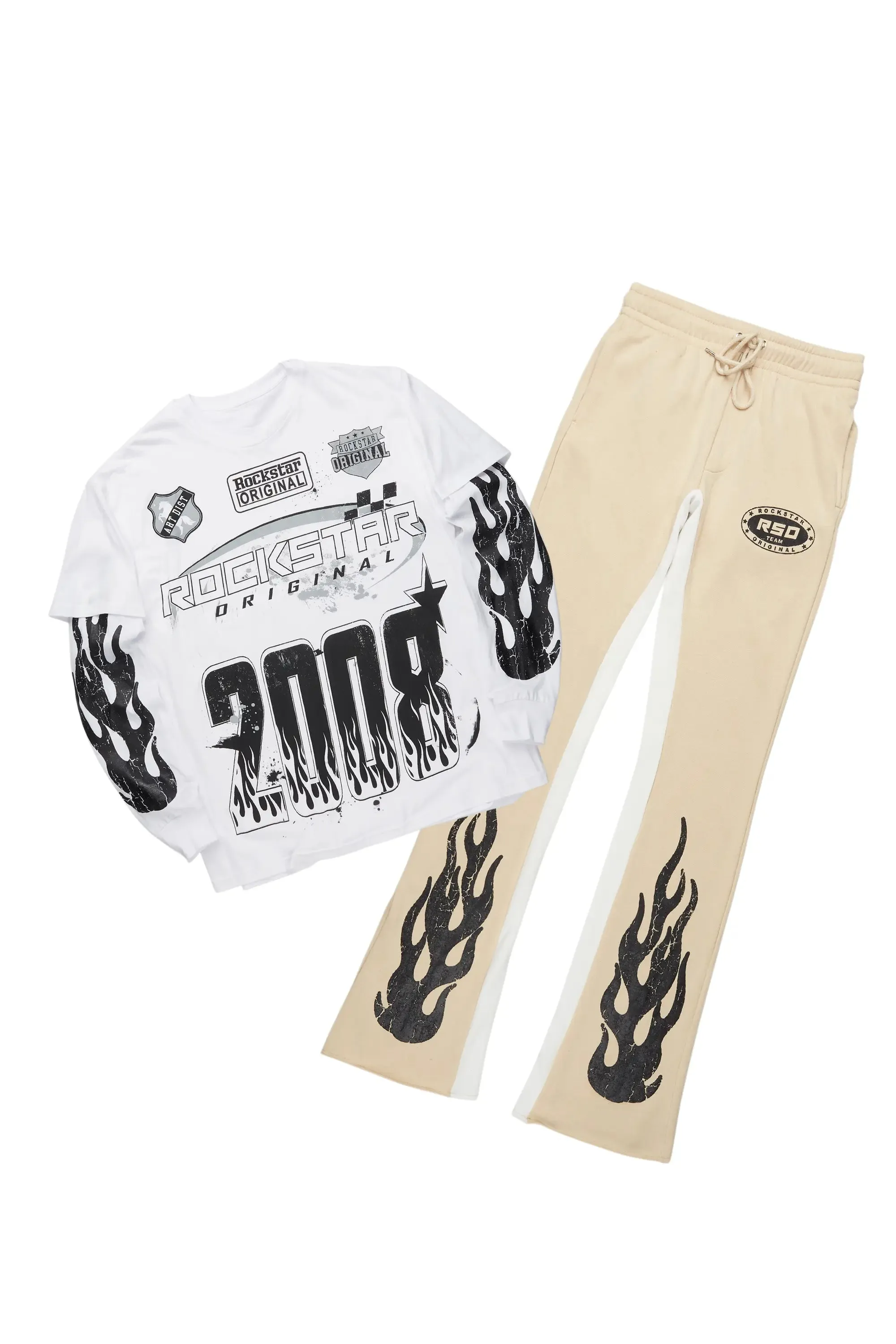 Amos White/Beige Double Layer T-Shirt/Stacked Baggy Pant Set sold by Rockstar Original