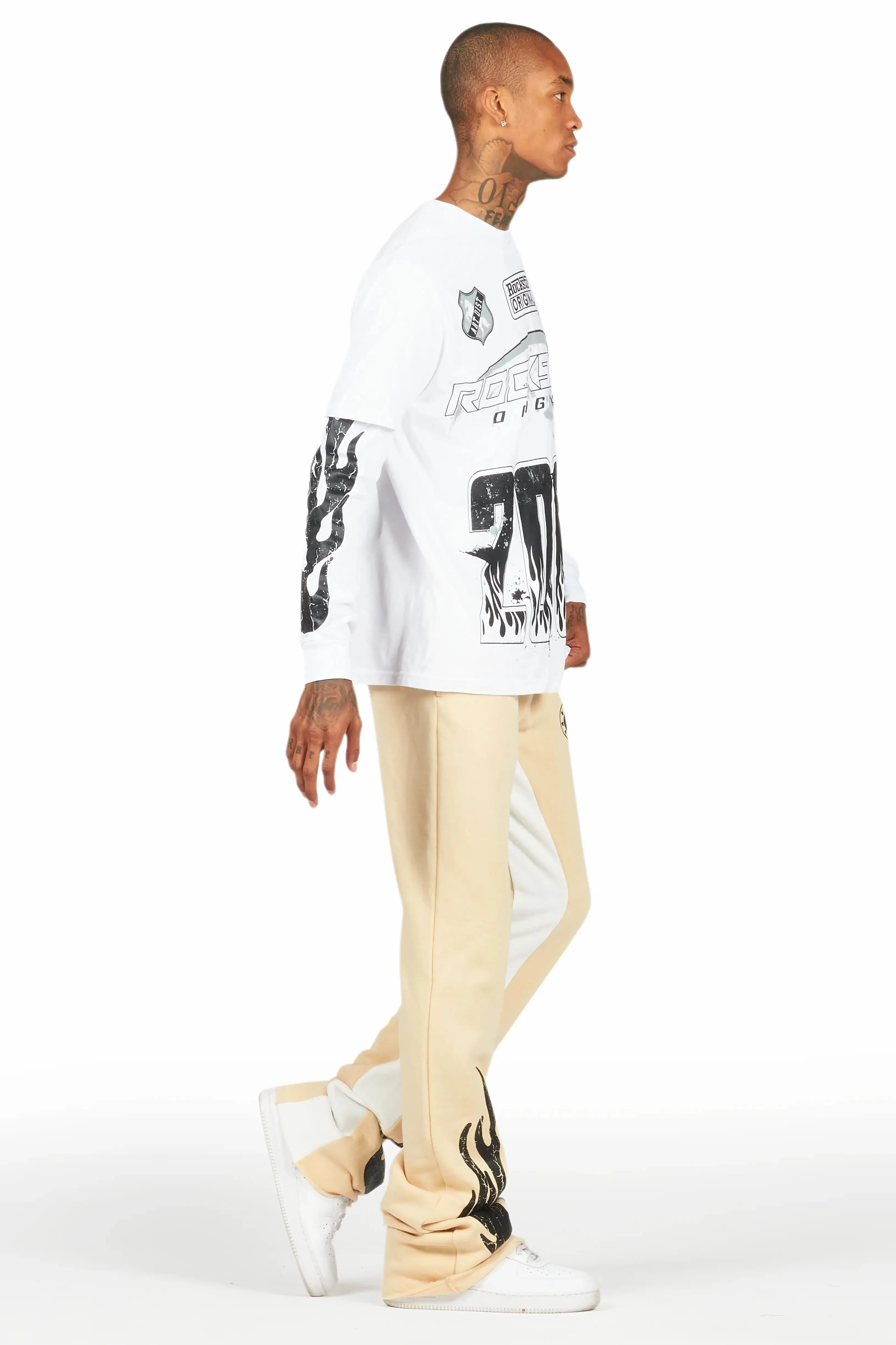 Amos White/Beige Double Layer T-Shirt/Stacked Baggy Pant Set sold by Rockstar Original product image thumbnail 3
