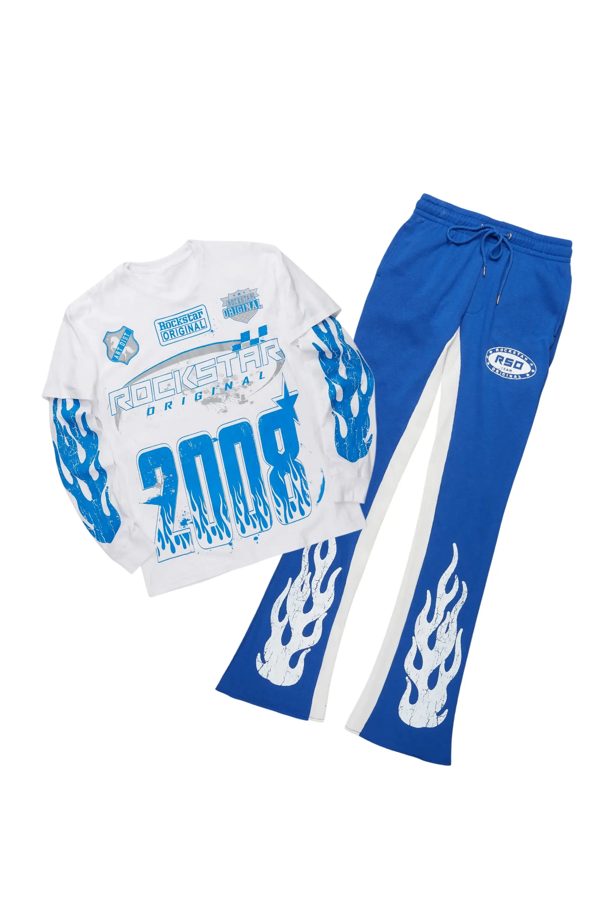 Amos White/Royal Double Layer T-Shirt/Stacked Baggy Pant Set sold by Rockstar Original