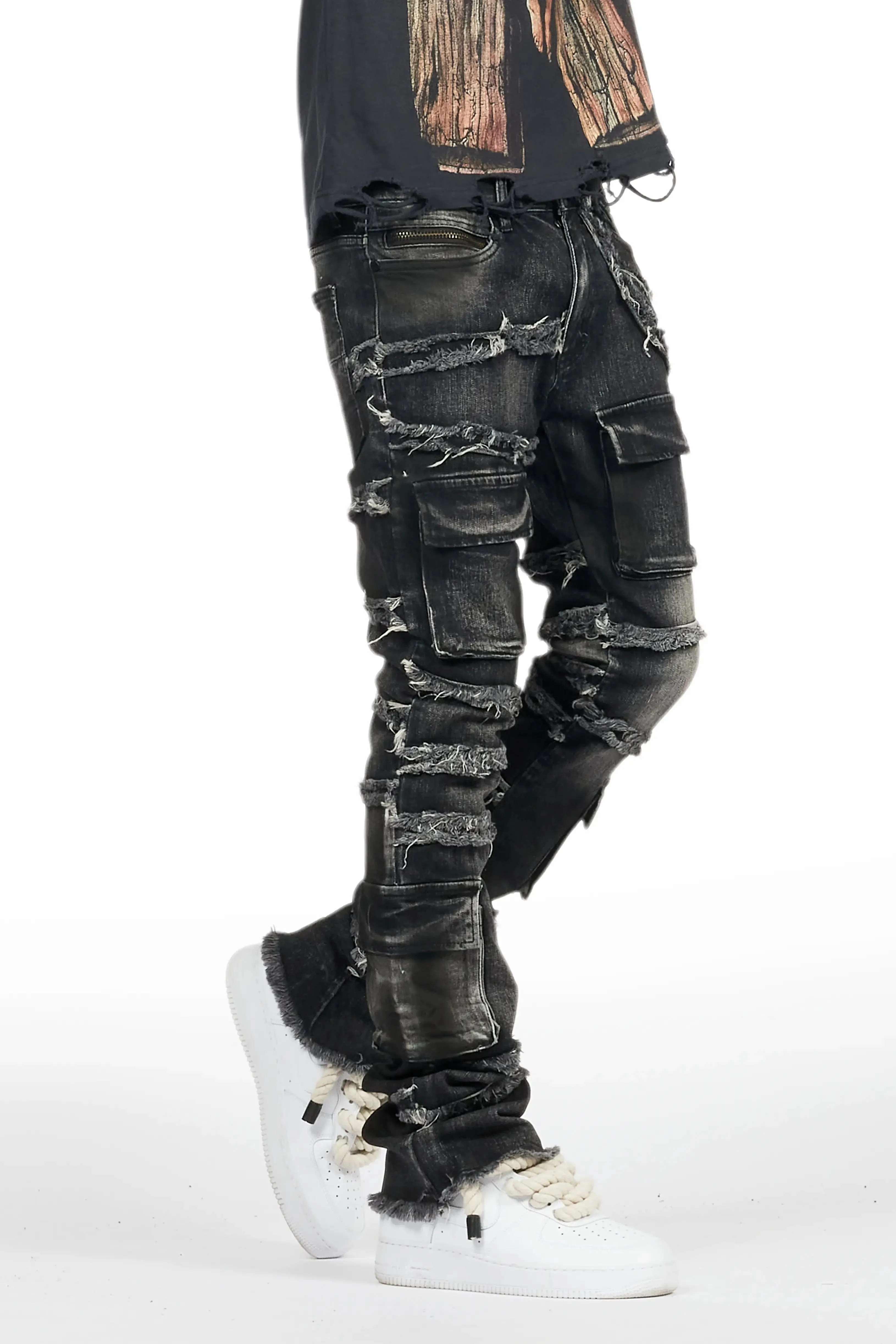Yves Black Stacked Flare Cargo Jean sold by Rockstar Original