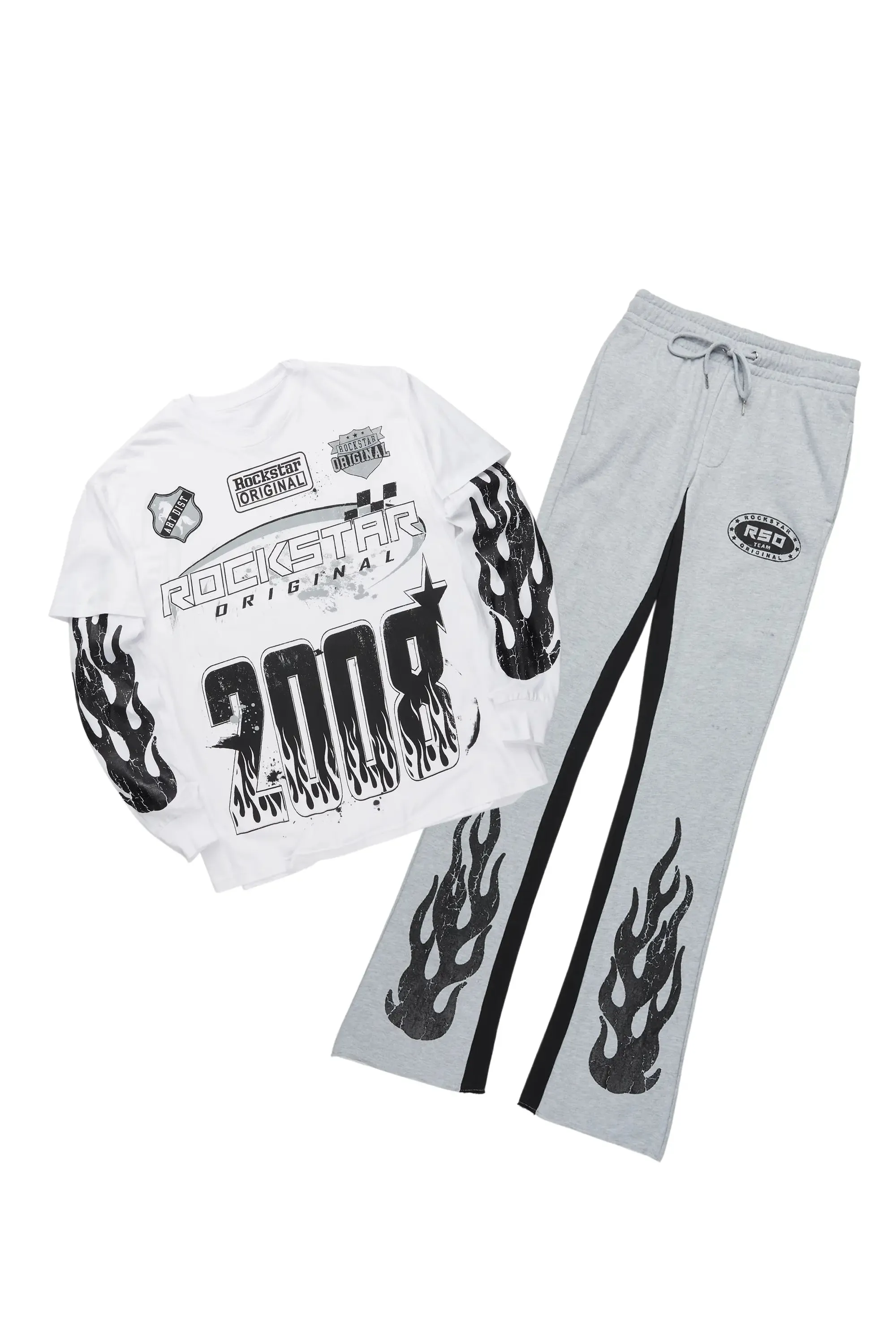 Amos White/Grey Double Layer T-Shirt/Stacked Baggy Pant Set sold by Rockstar Original