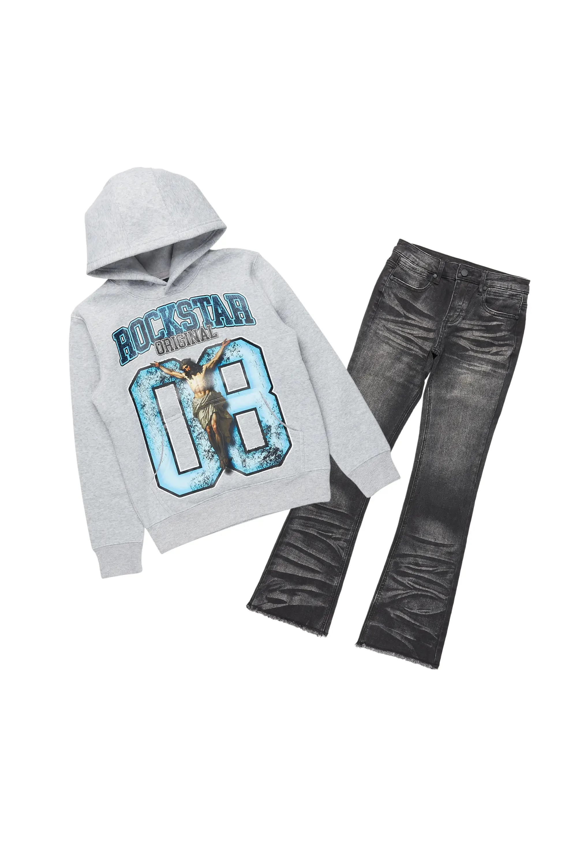 Boys Fields Grey/Black Hoodie/Stacked Flare Jean Set sold by Rockstar Original