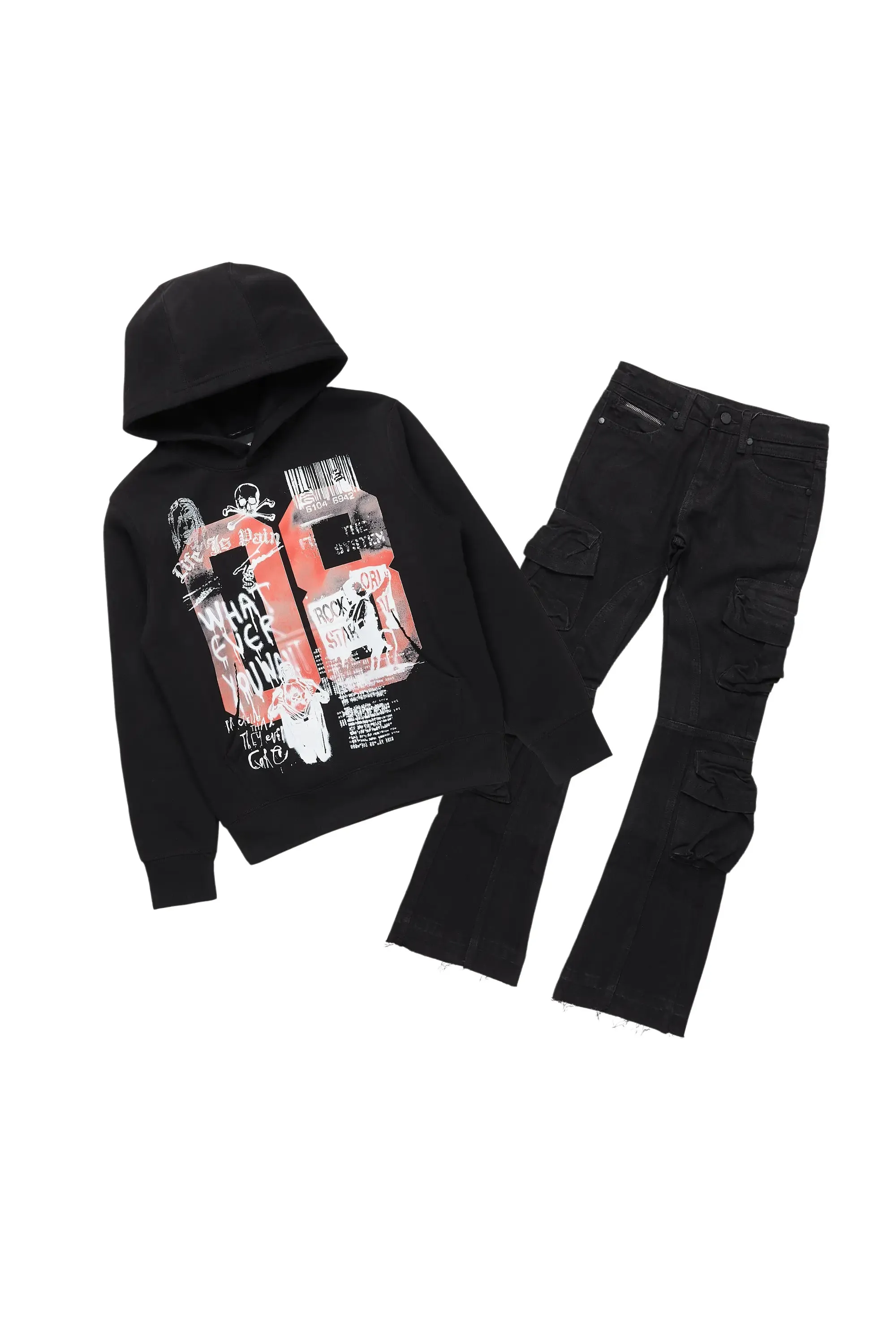 Boys Beau Black Hoodie/Stacked Flare Jean Set sold by Rockstar Original