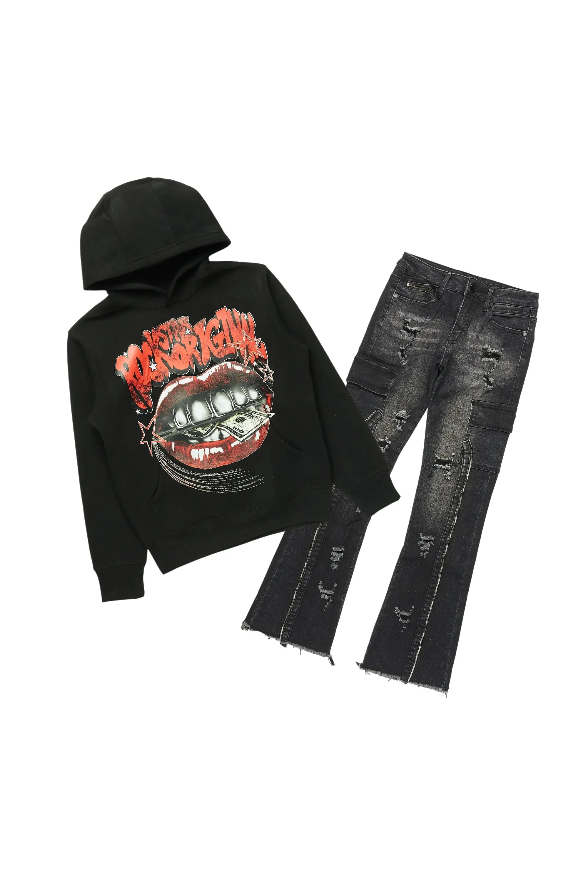 Boys Bloke Black Hoodie/Stacked Flare Jean Set sold by Rockstar Original