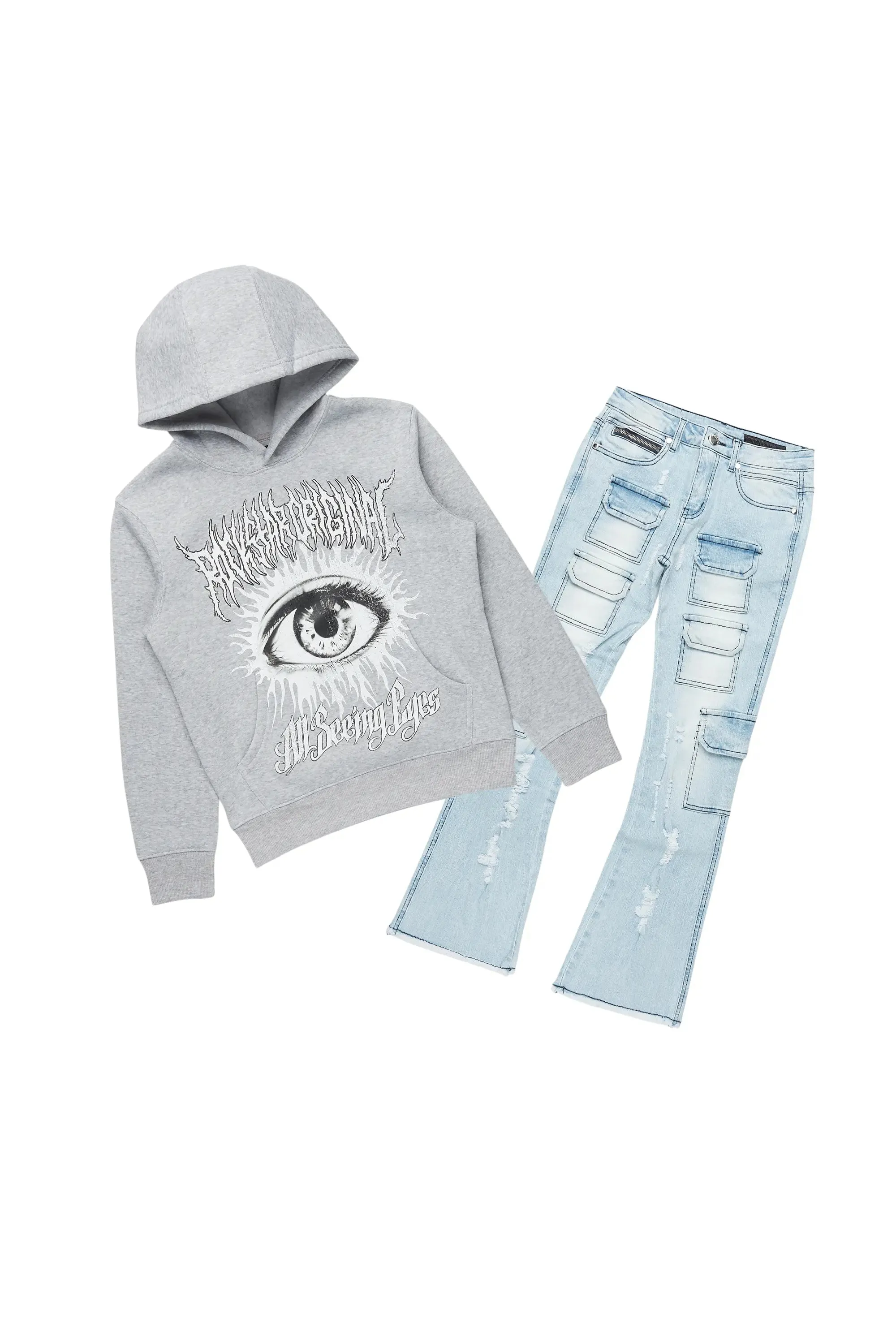 Boys All Seeing Eyes Blue/Light Grey Hoodie/Stacked Flare Jean Set sold by Rockstar Original