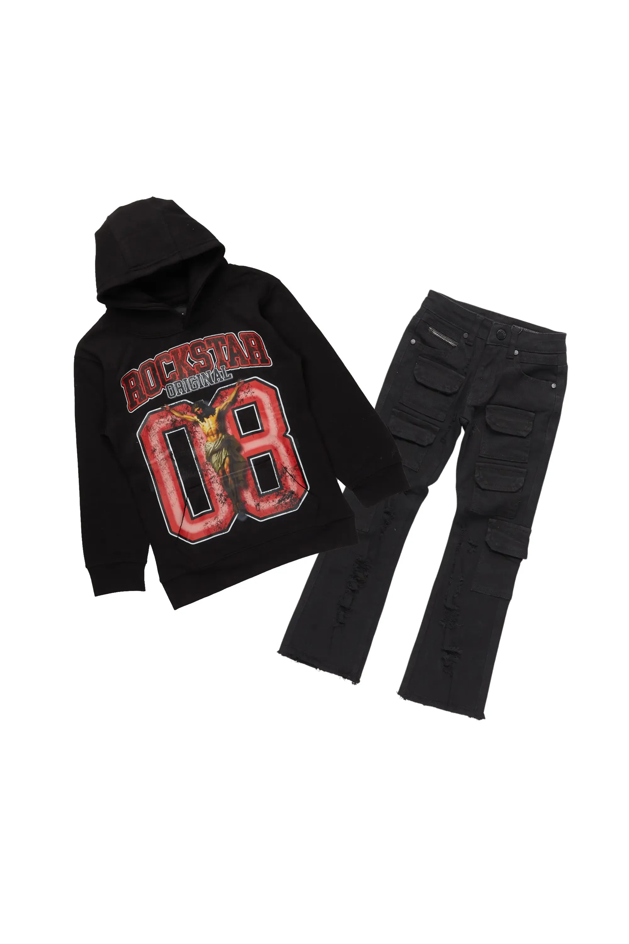 Boys Kiley Black Hoodie/Stacked Flare Jean Set sold by Rockstar Original