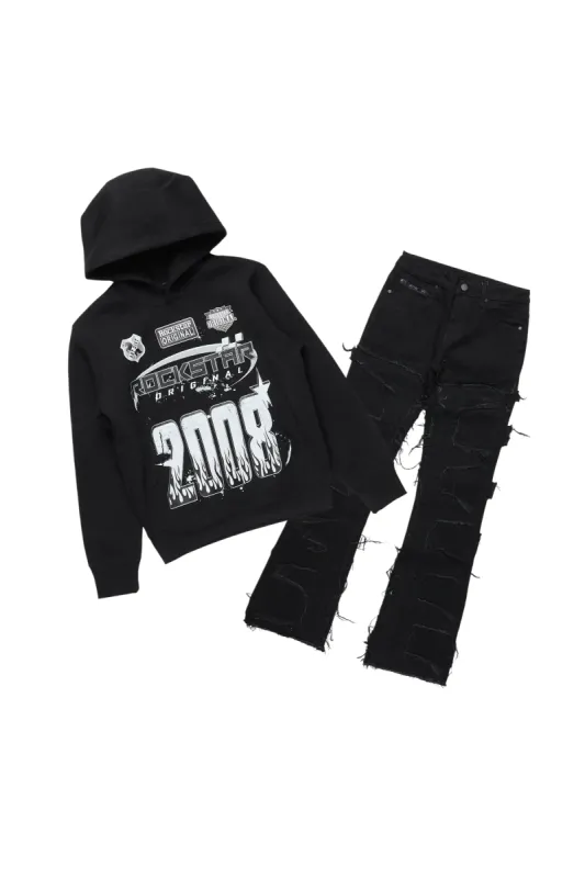 Boys Amos Black Distressed Hoodie/Stacked Flare Jean Set sold by Rockstar Original