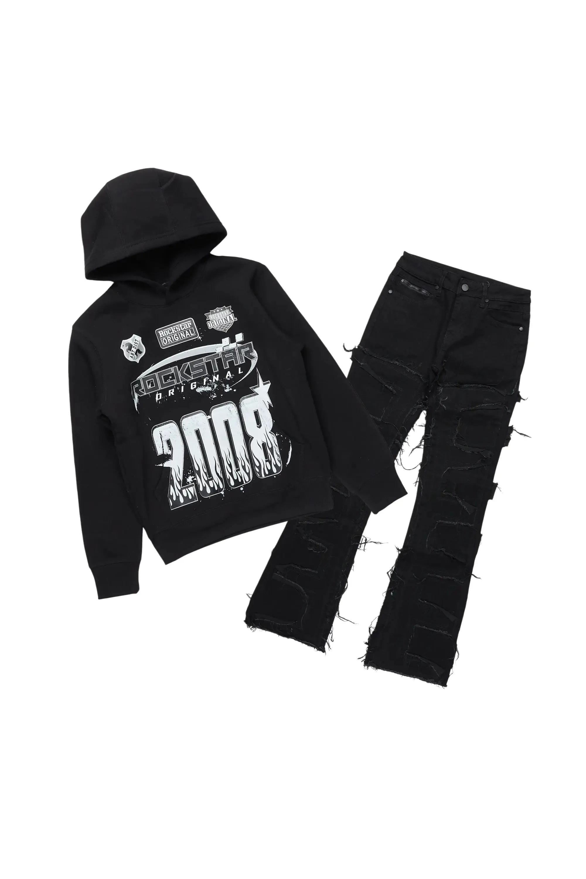 Boys Amos Black Distressed Hoodie/Stacked Flare Jean Set sold by Rockstar Original