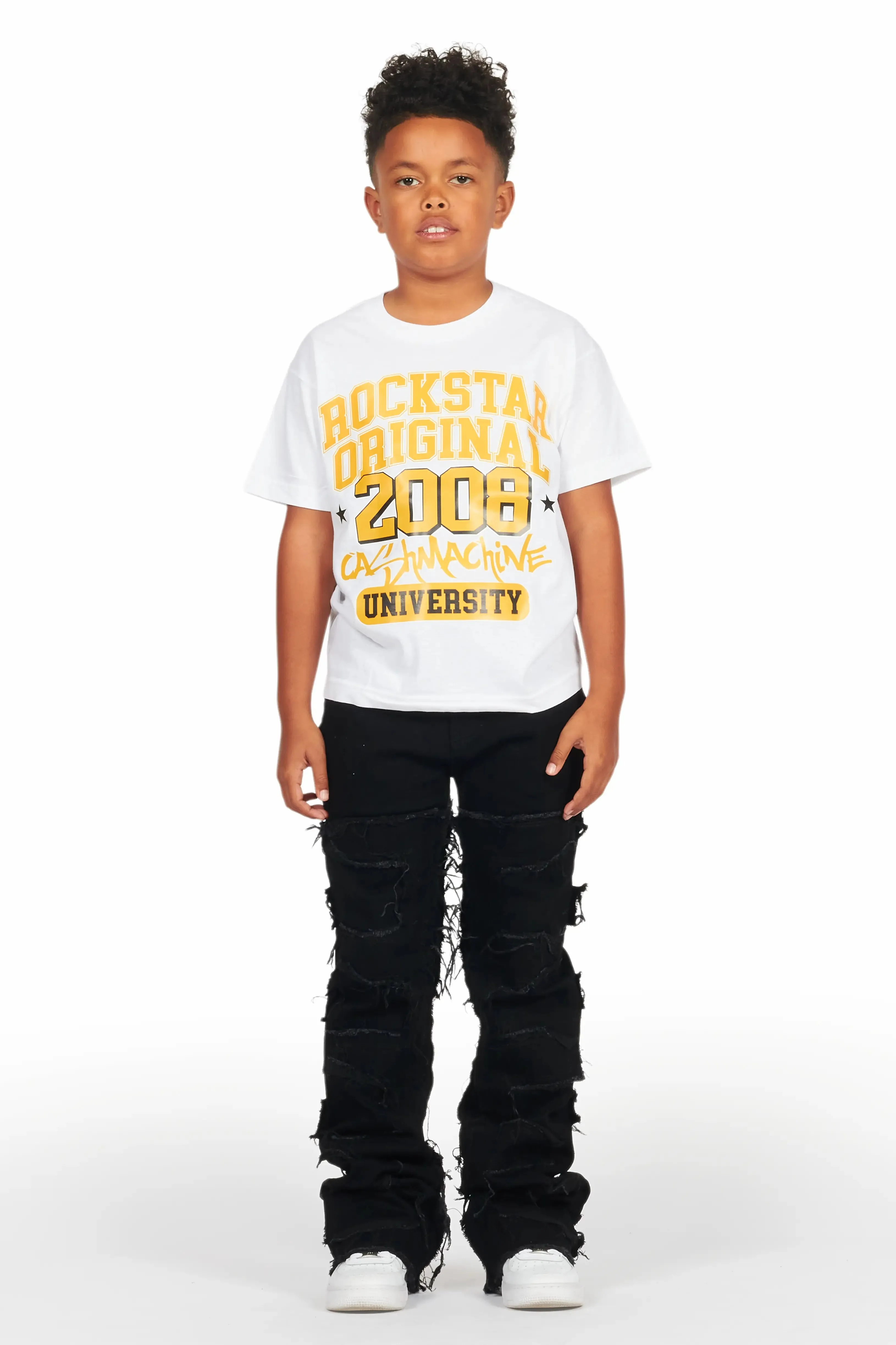 Boys White Loic T-Shirt/Stacked Flare Jean Set sold by Rockstar Original