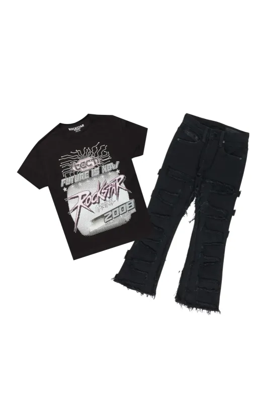 Girls Racing Black T-Shirt/Stacked Flare Jean Set sold by Rockstar Original