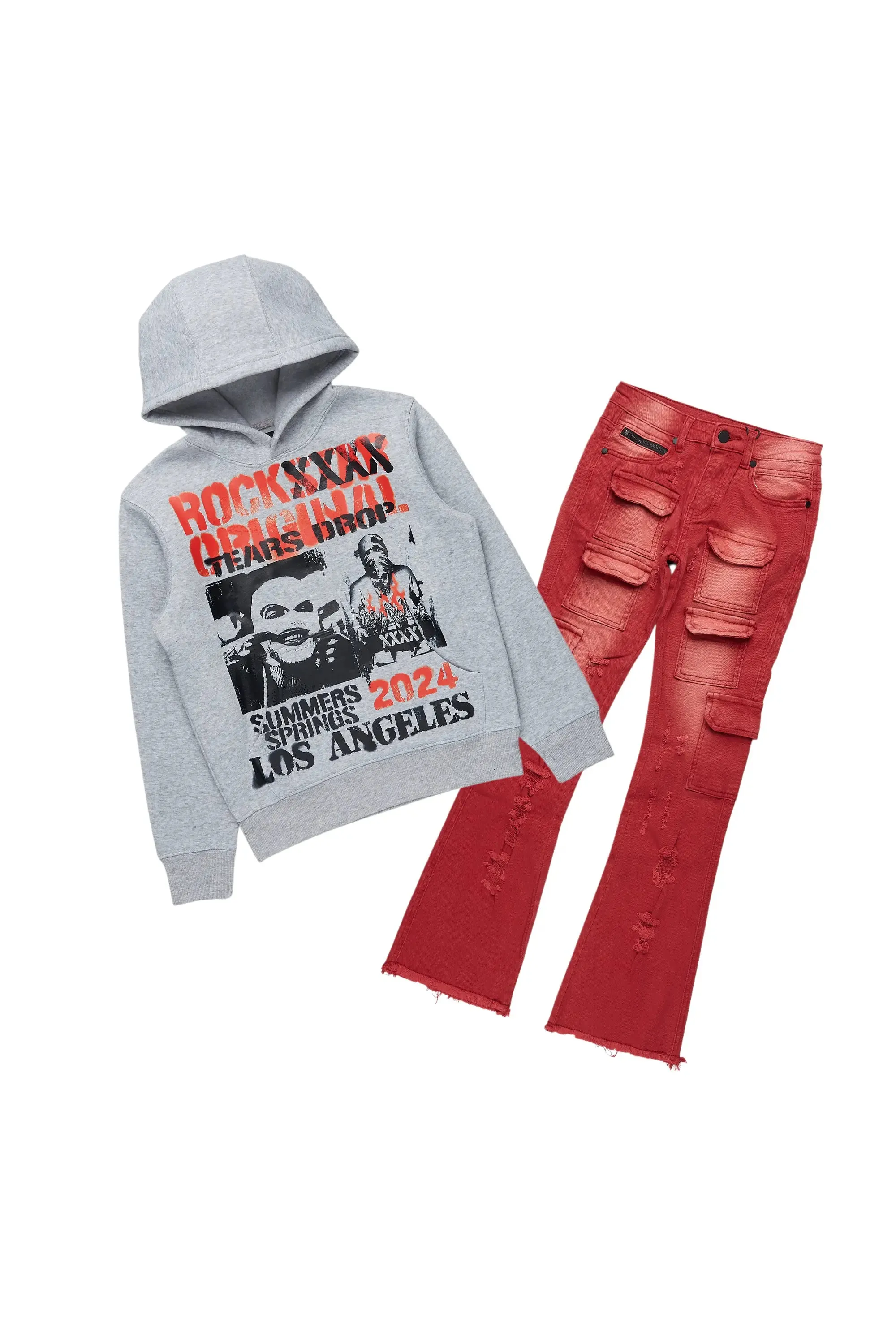 Boys Omer Grey/Red Hoodie/Stacked Flare Jean Set sold by Rockstar Original