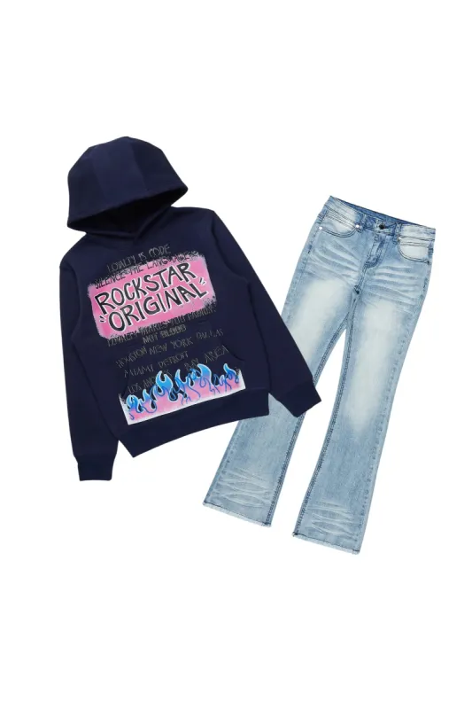 Boys Beno Navy/Blue Hoodie/ Stacked Flare Jean Set sold by Rockstar Original