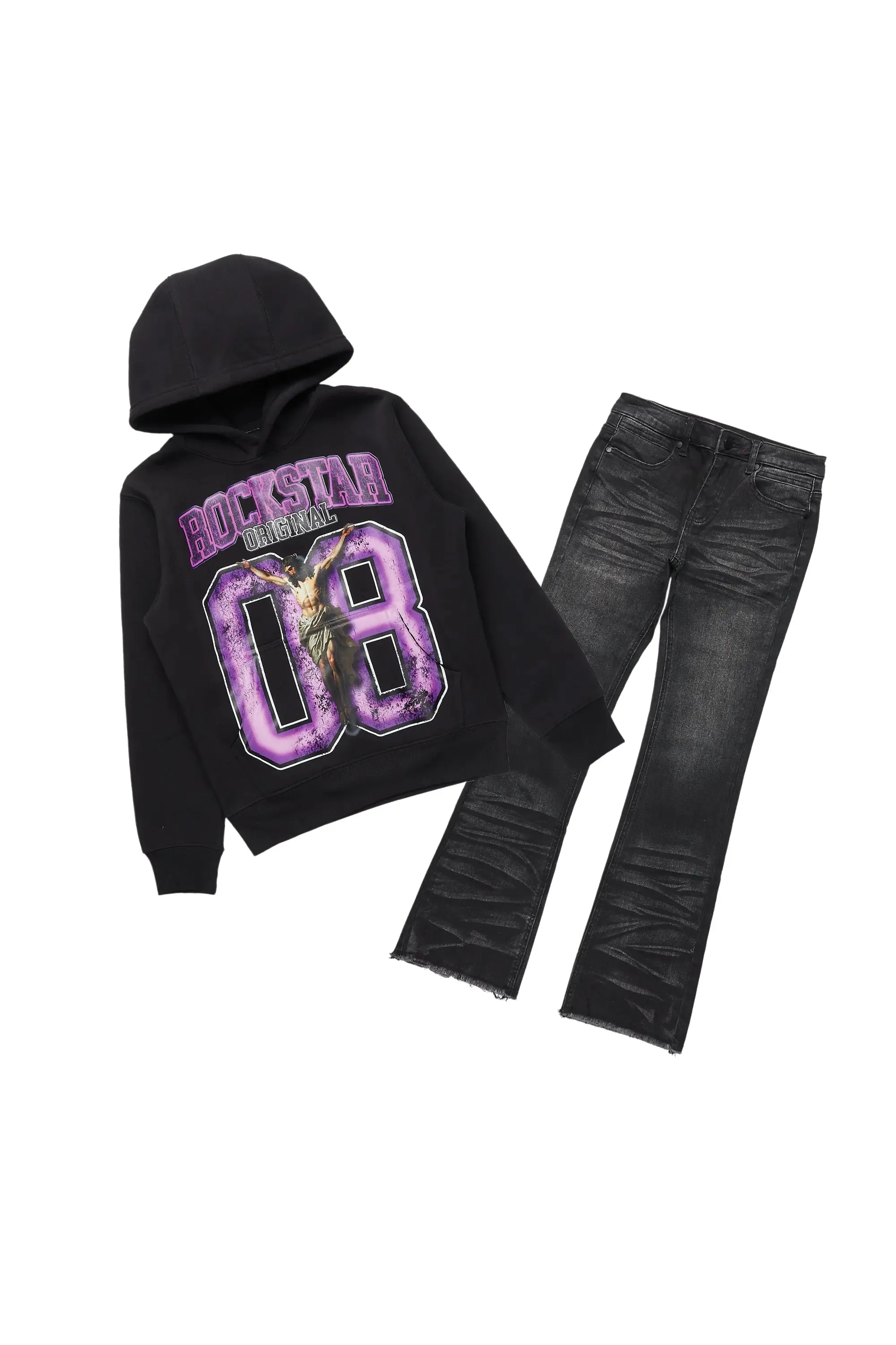 Boys Fields Black/Black Hoodie/Stacked Flare Jean Set sold by Rockstar Original
