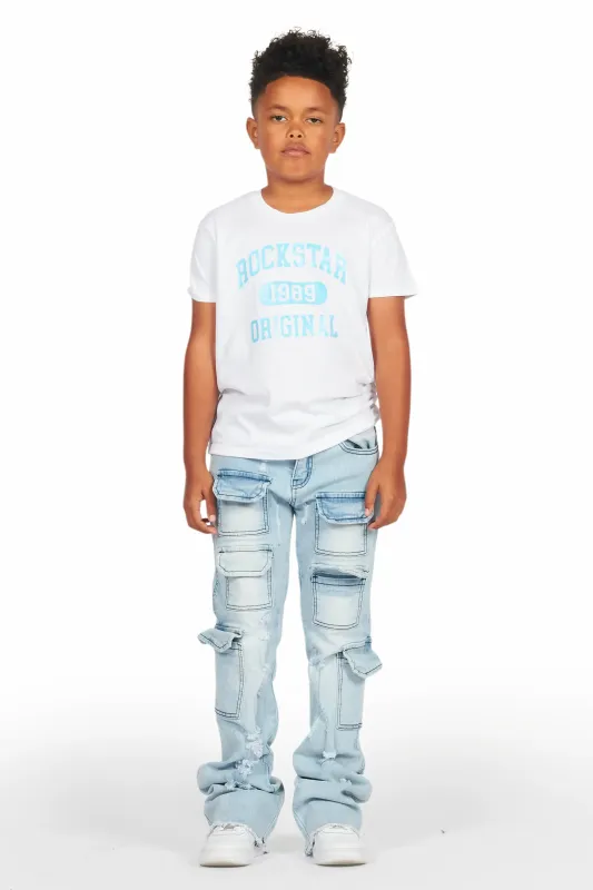 Boys Members White/Blue T-Shirt/Stacked Flare Jean Set sold by Rockstar Original