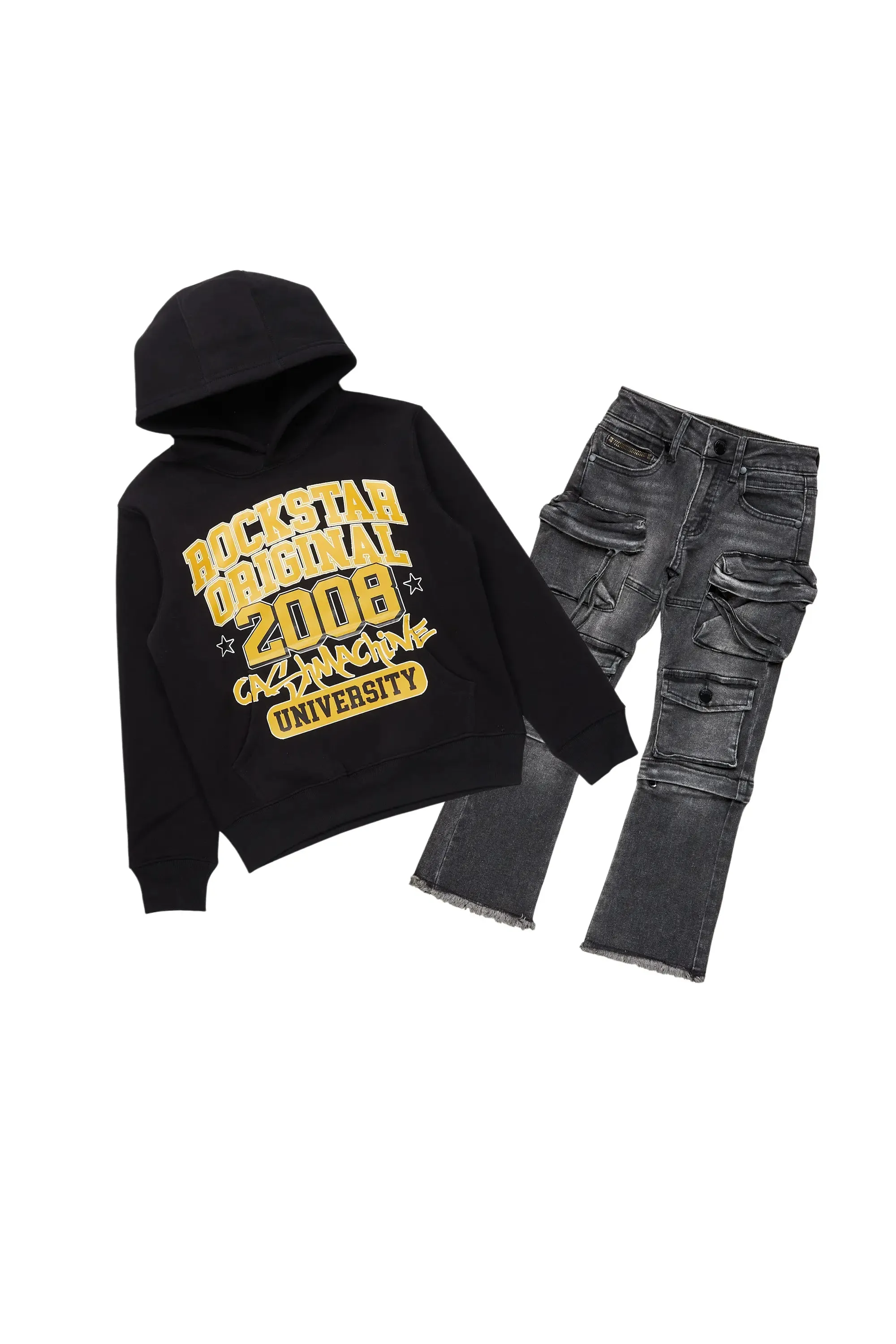 Boys University Black Hoodie/Stacked Flare Jean Set sold by Rockstar Original