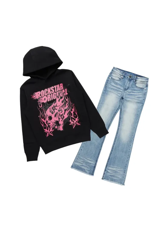 Girls Fire Black/Blue Hoodie/Stacked Flare Jean Set sold by Rockstar Original