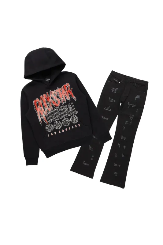 Boys Wizzurd Black Hoodie/Stacked Flare Jean Set sold by Rockstar Original