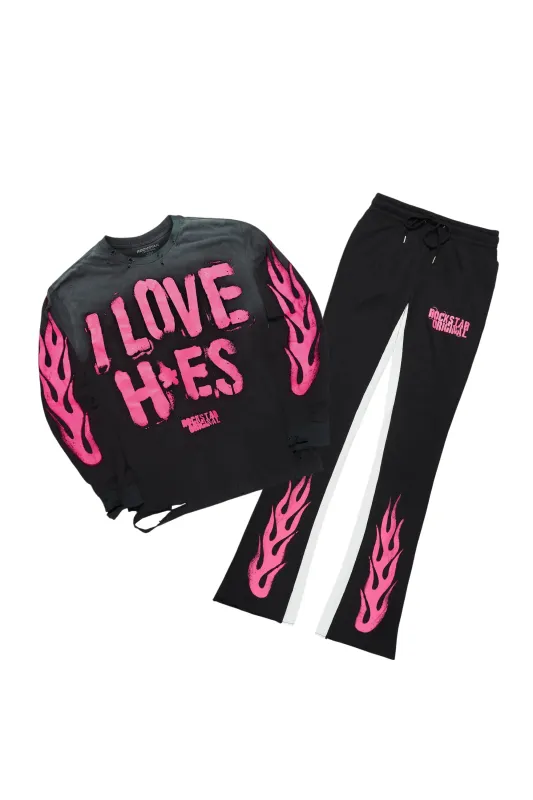 Banyan Black/Pink Long Sleeve T-Shirt/Stacked Baggy Track Pant Set sold by Rockstar Original