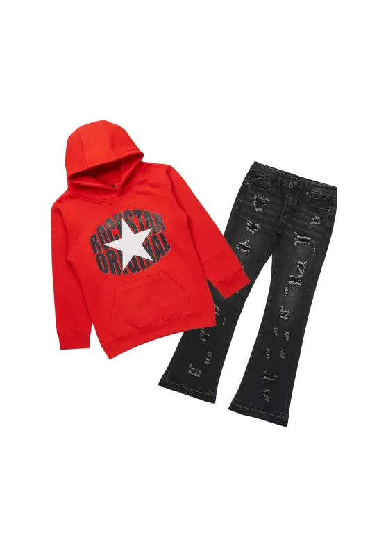 Boys Ezra Red/Black Hoodie/Stacked Flare Jean sold by Rockstar Original