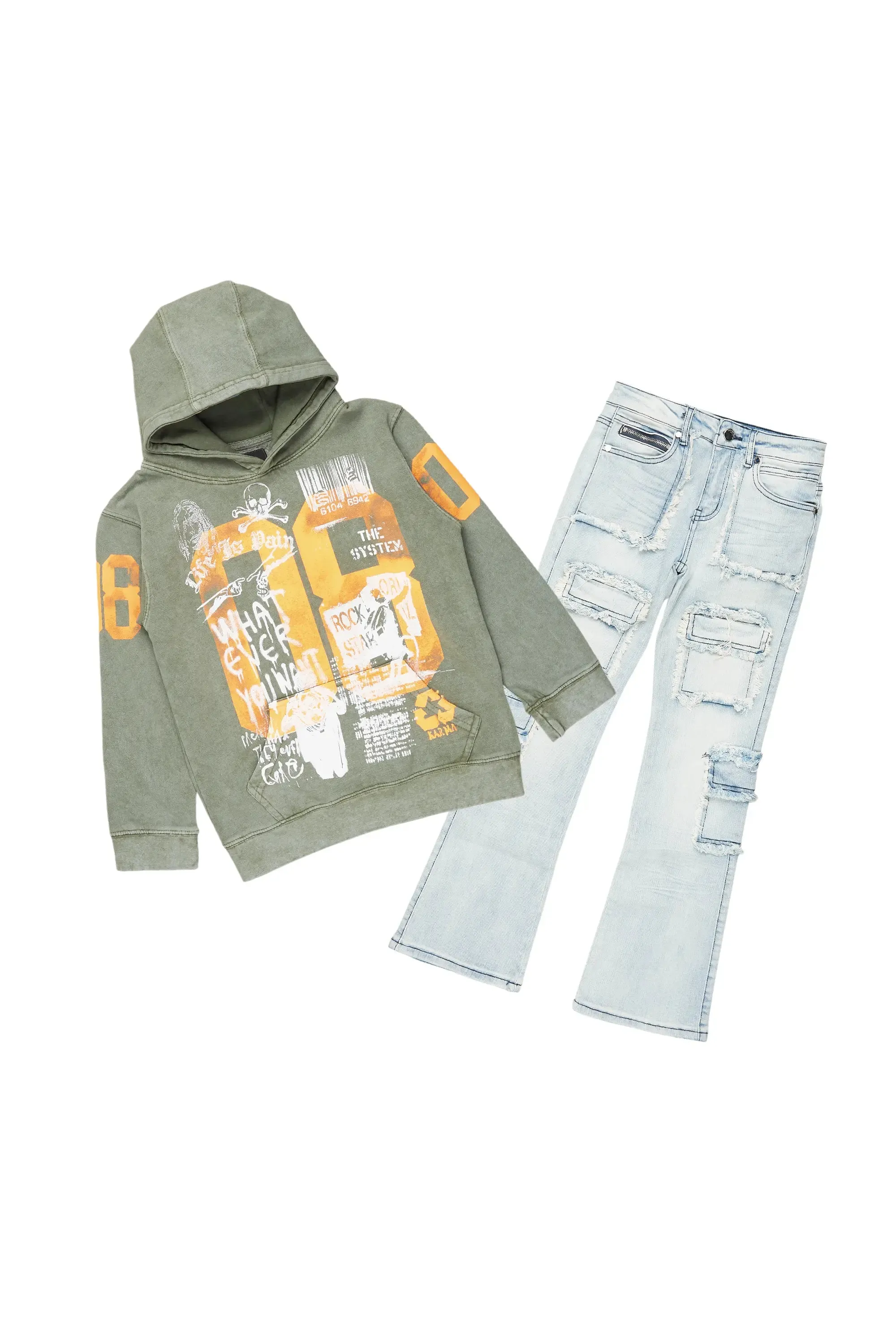 Boys Beau Vintage Green Hoodie/Stacked Flare Jean Set sold by Rockstar Original