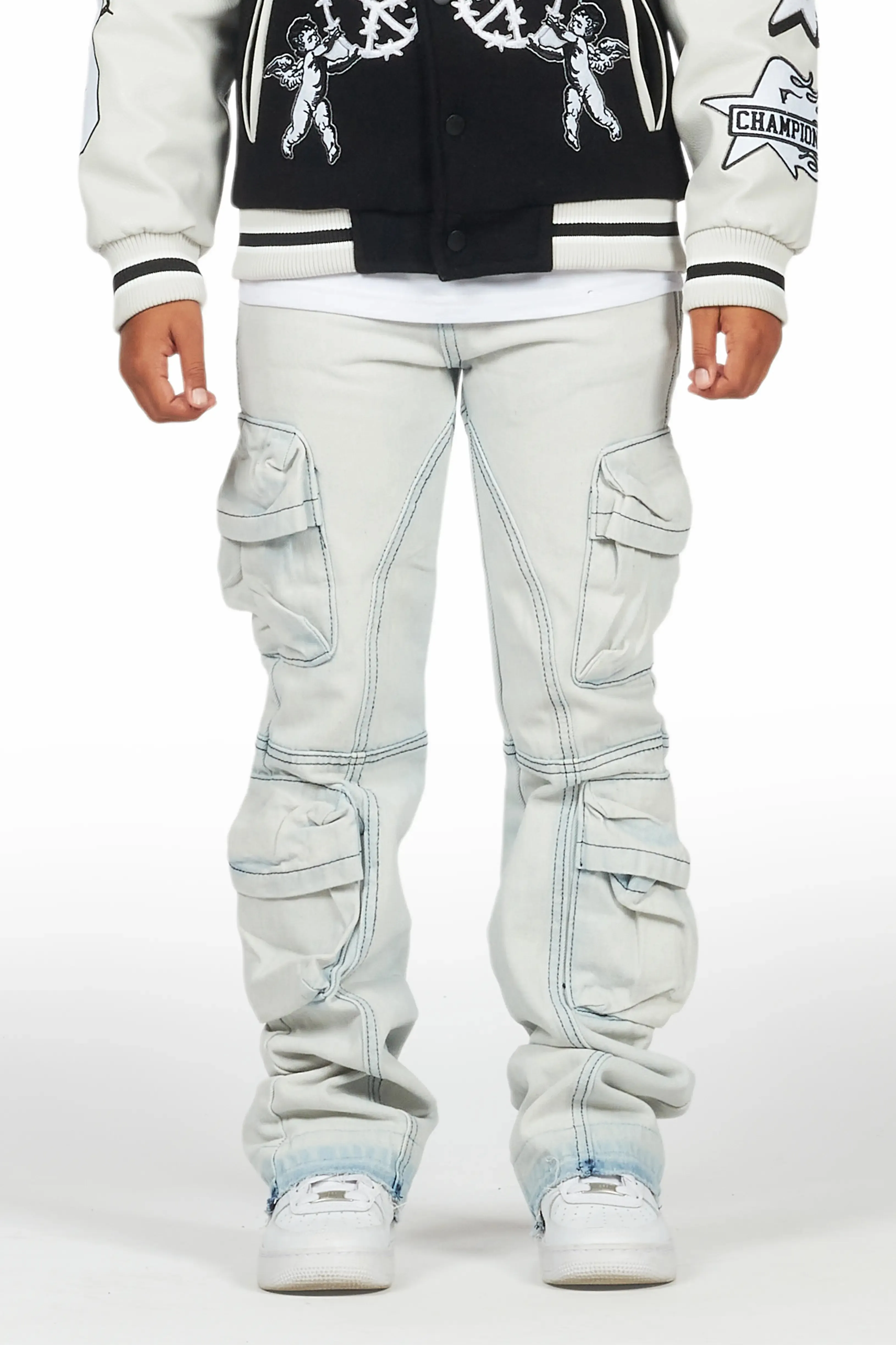 Boys Gregor Blue Stacked Flare Cargo Jean sold by Rockstar Original