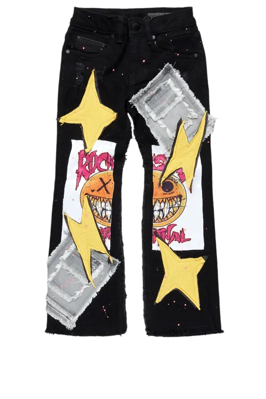 Boys Fraust Jet Black Patchwork Stacked Flare Jean sold by Rockstar Original