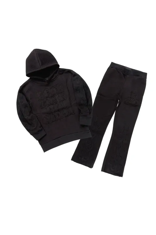 Boys Foresty Black Hoodie Stacked Flare Track Set sold by Rockstar Original