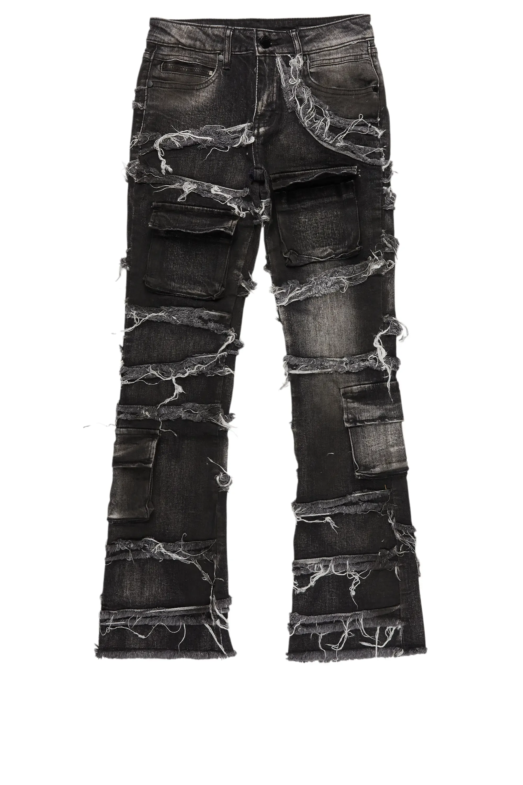 Boys Yves Black Ripped Stacked Flare Cargo Jeans sold by Rockstar Original