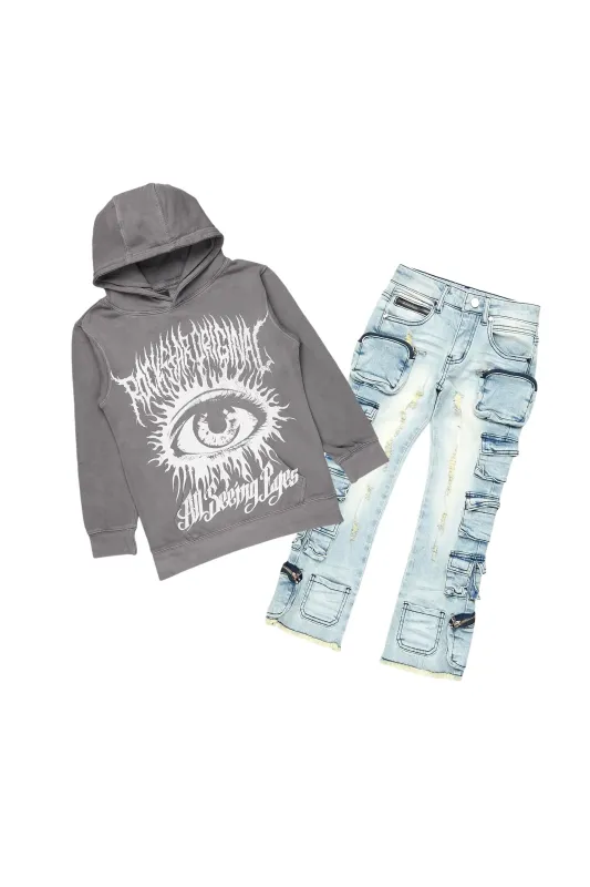 Boys All Eyes Blue/Vintage Grey Hoodie/Stacked Flare Jean Set sold by Rockstar Original