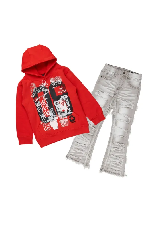 Boys Beau Red/Grey Hoodie/Stacked Flare Jean Set sold by Rockstar Original