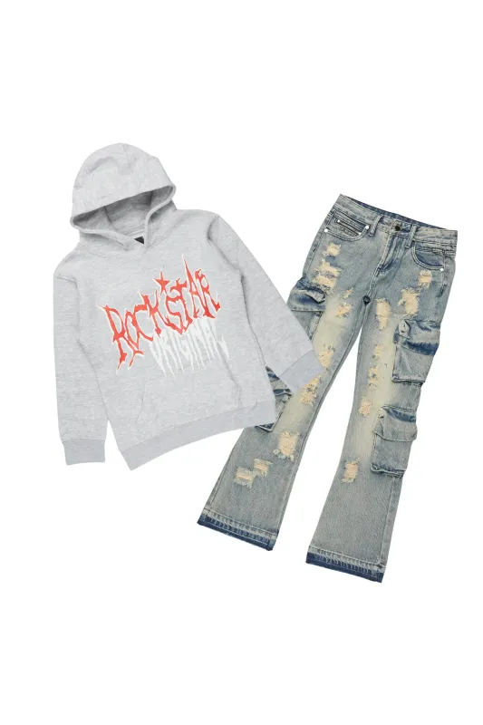 Boys Kendry Grey/Blue Hoodie/Stack Flare Jean Set sold by Rockstar Original