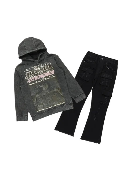Boys Luxton Vintage Black Hoodie/Stack Flare Jean Set sold by Rockstar Original