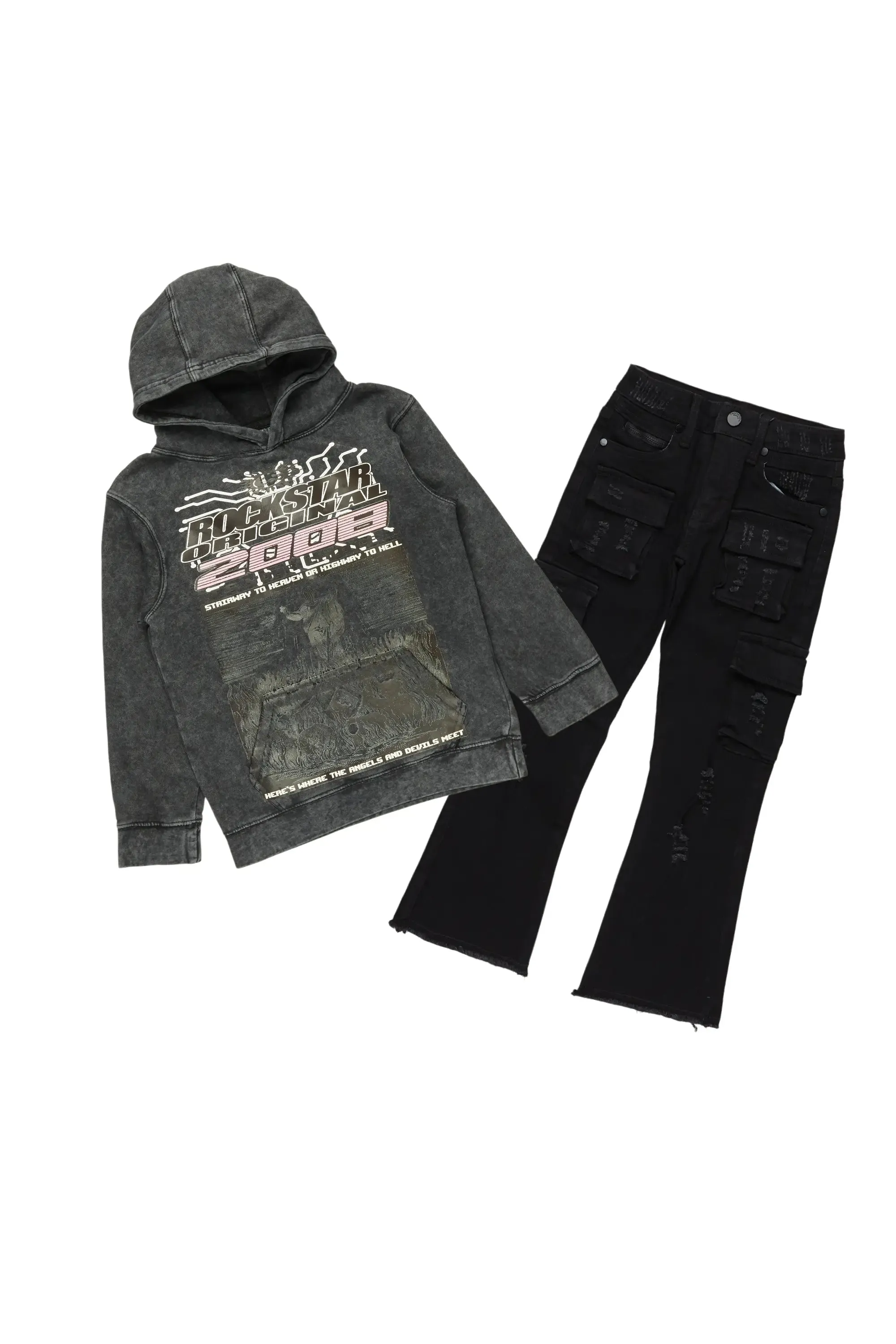 Boys Luxton Vintage Black Hoodie/Stack Flare Jean Set sold by Rockstar Original