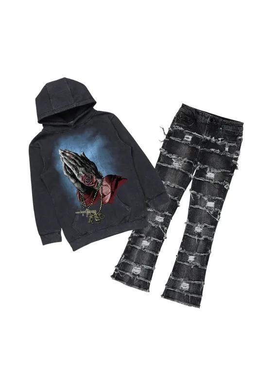 Boys Gonave Vintage Black Hoodie/Stacked Flare Jean Set sold by Rockstar Original