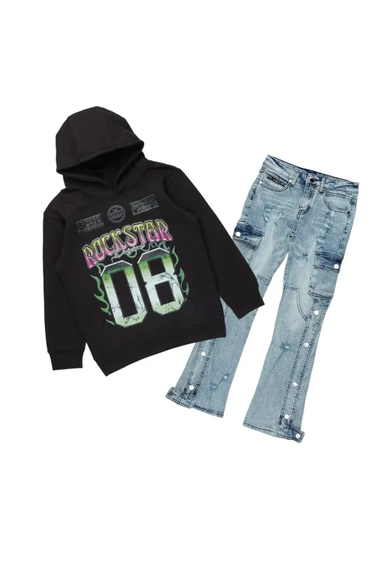 Boys Quito Black/Blue Hoodie/Stacked Flare Jean Set sold by Rockstar Original