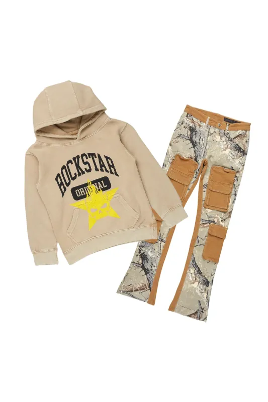 Boys Semaj Vintage Beige/Camo Hoodie/Stacked Flare Jean Set sold by Rockstar Original