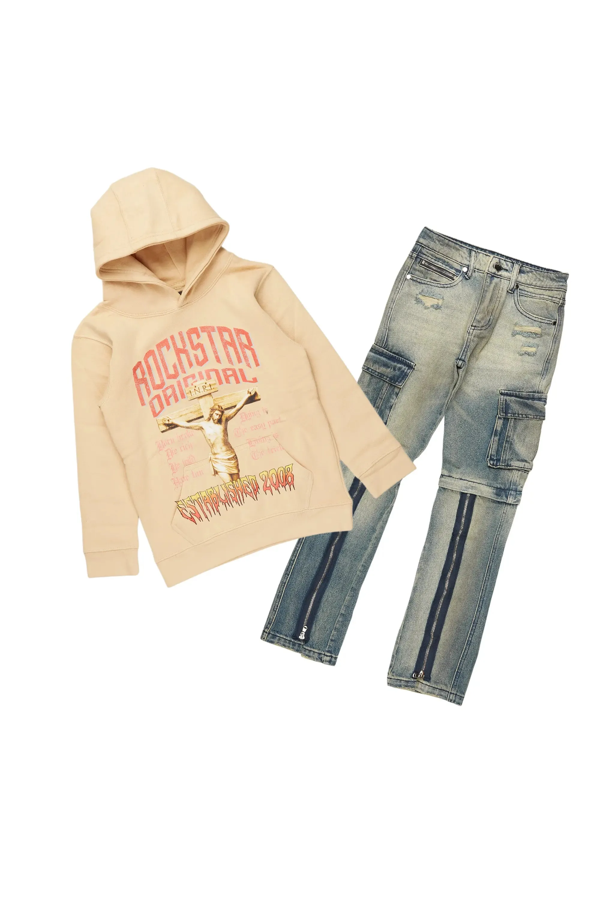 Boys Hayes Beige Hoodie/Stacked Flare Jean Set sold by Rockstar Original