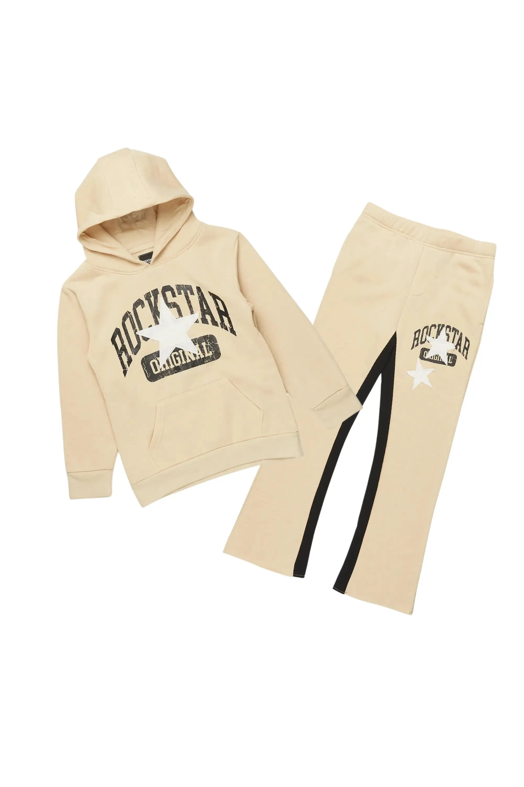 Boys Mallor Beige/White Baggy Stacked Hoodie Track Set sold by Rockstar Original