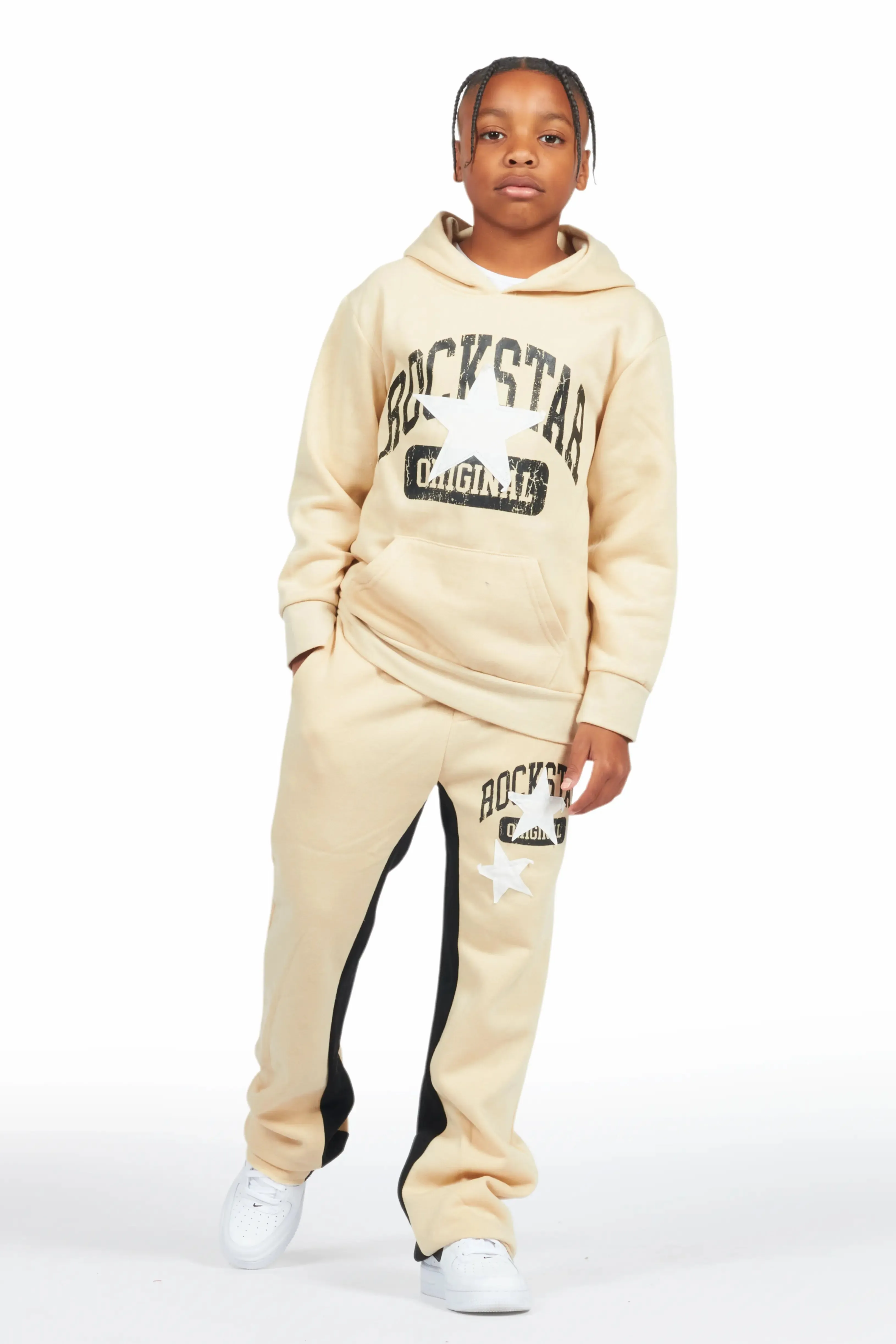 Boys Mallor Beige/White Baggy Stacked Hoodie Track Set sold by Rockstar Original product image thumbnail 2