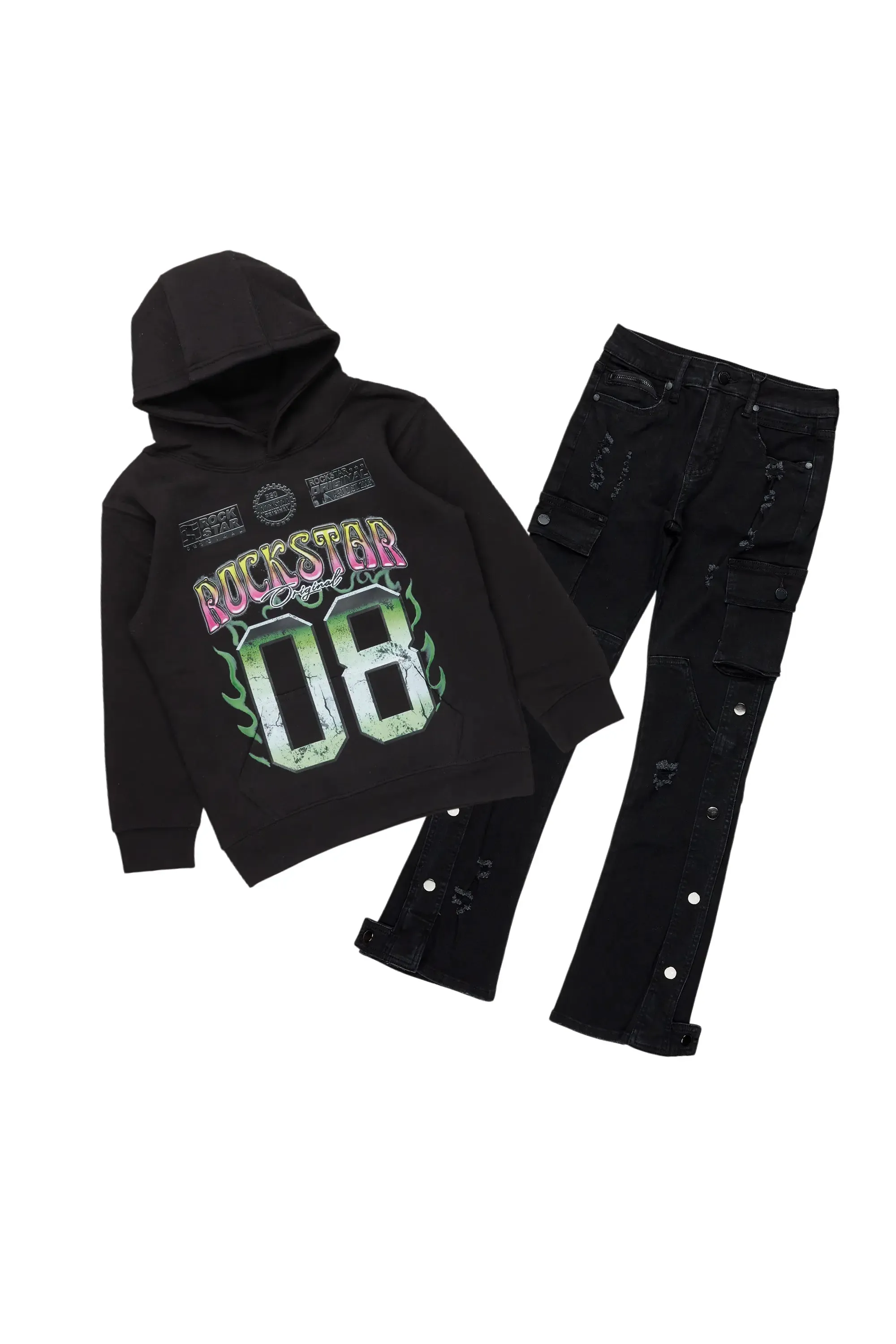 Boys Quito Black Hoodie/Stacked Flare Jean Set sold by Rockstar Original