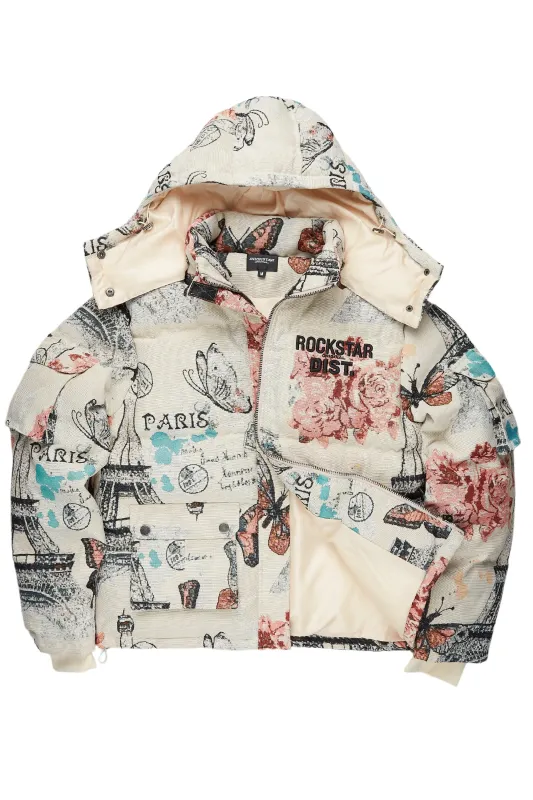 Girls Lamia Beige Multi Tapestry Puffer Jacket sold by Rockstar Original